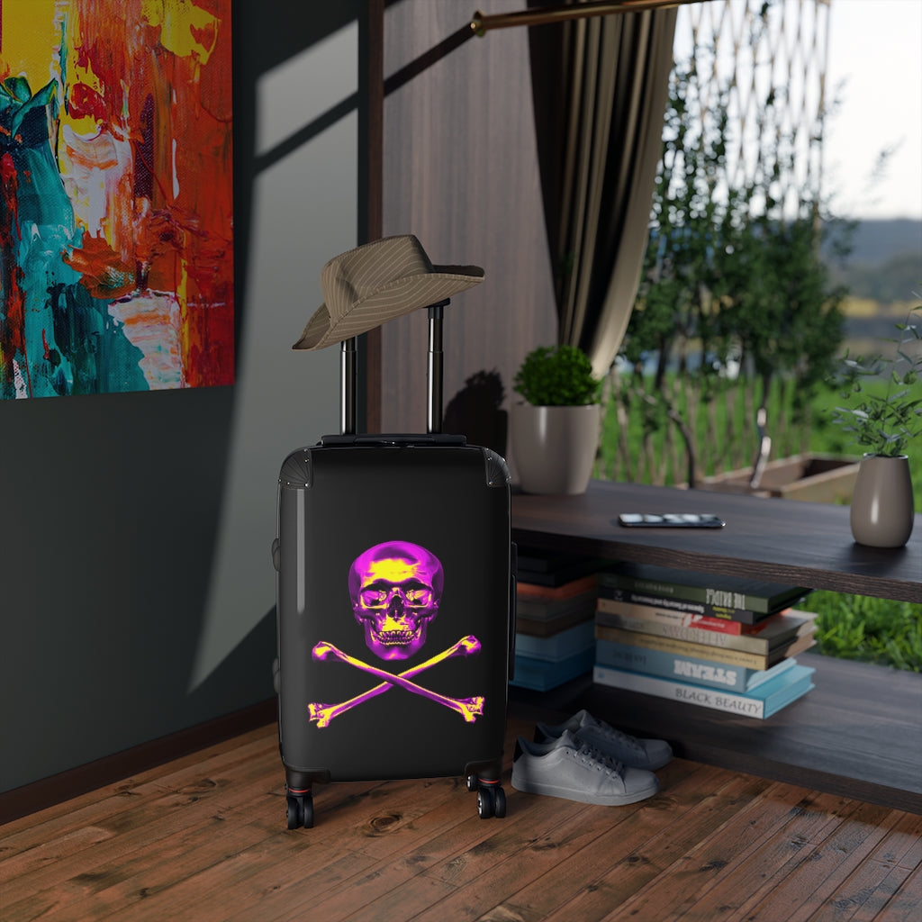 Getrott Black Pink Skull & Bones Emblem Cabin Suitcase Extended Storage Adjustable Telescopic Handle Double wheeled Polycarbonate Hard-shell Built-in Lock-Bags-Geotrott