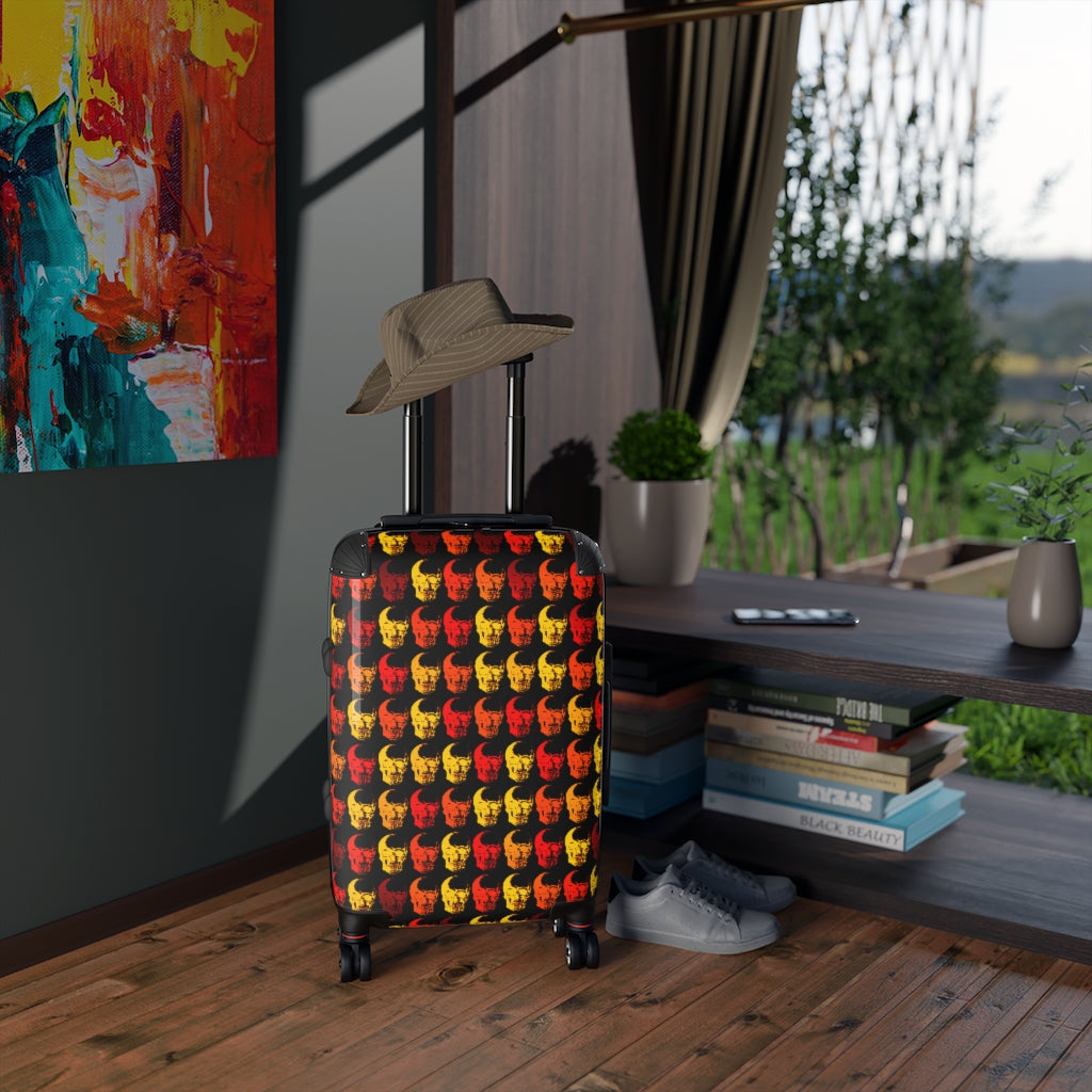 Getrott Red Orange Skull Print Pattern Cabin Suitcase Extended Storage Adjustable Telescopic Handle Double wheeled Polycarbonate Hard-shell Built-in Lock-Bags-Geotrott