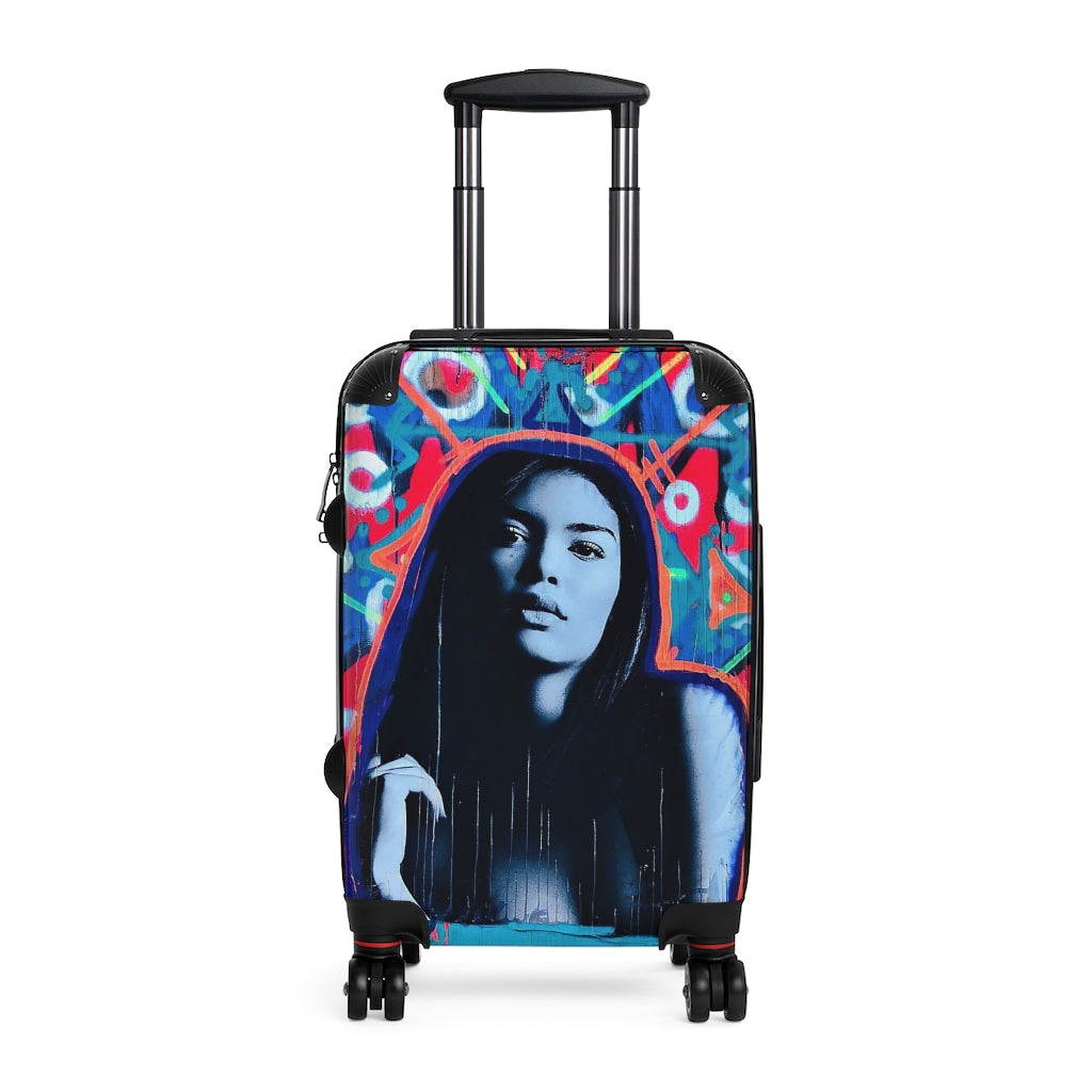 Geotrott Graffiti Blue Face Girl Cabin Suitcase Extended Storage Adjustable Telescopic Handle Double Wheeled Polycarbonate Hard-Shell Built-In Lock