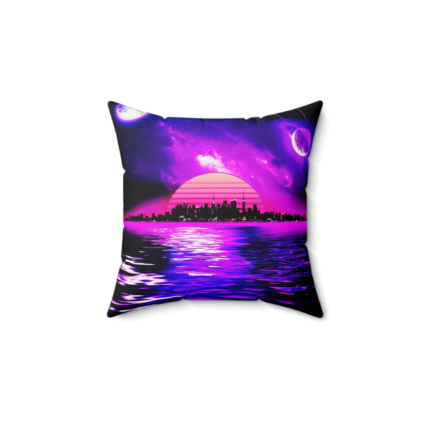 Geotrott Lunar Mars Space City Sunset Purple Pink Blue Spun Polyester Square Pillow
