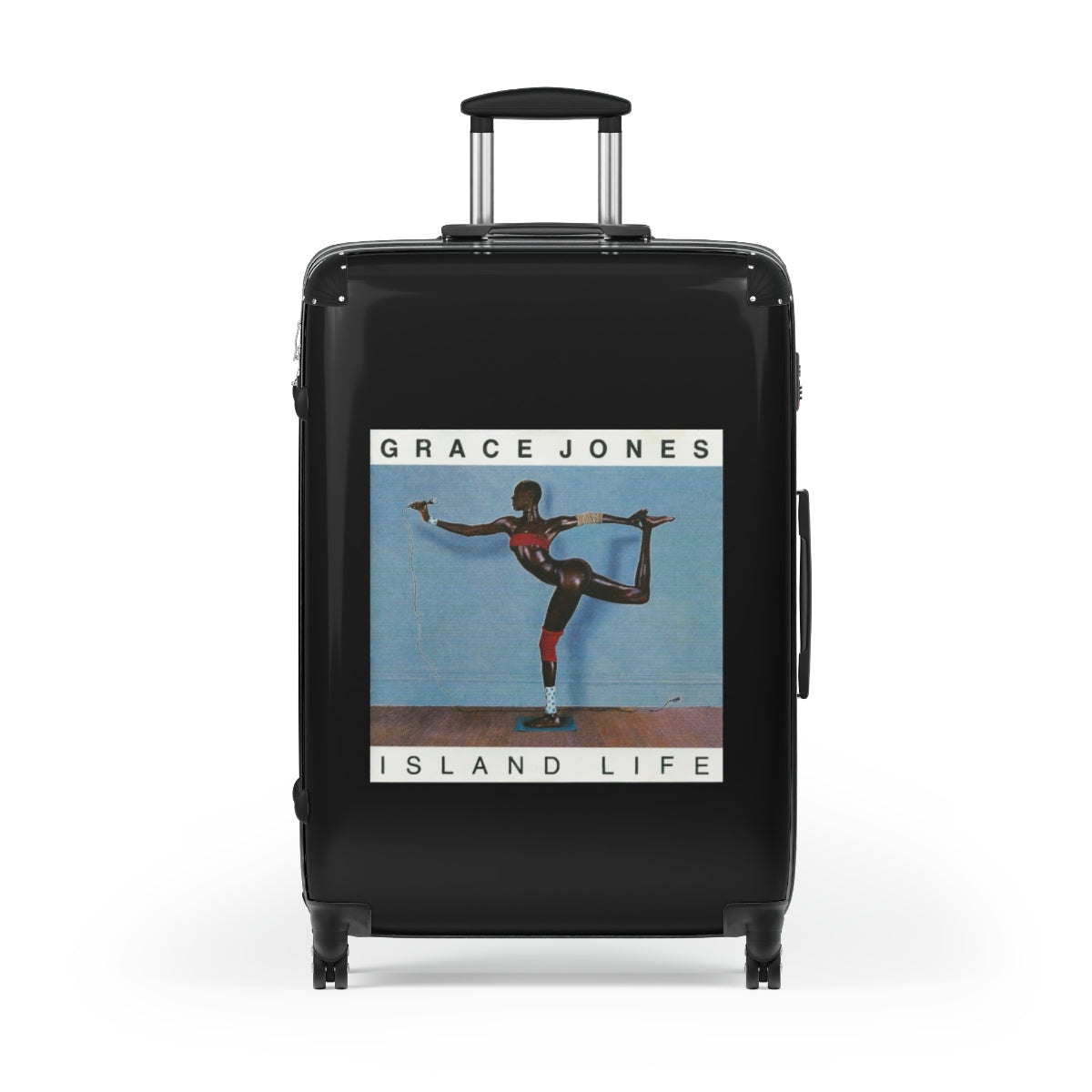 Geotrott Grace Jones Island Life 1985 Black Cabin Suitcase Extended Storage Adjustable Telescopic Handle Double Wheeled Polycarbonate Hard Shell Built In Lock