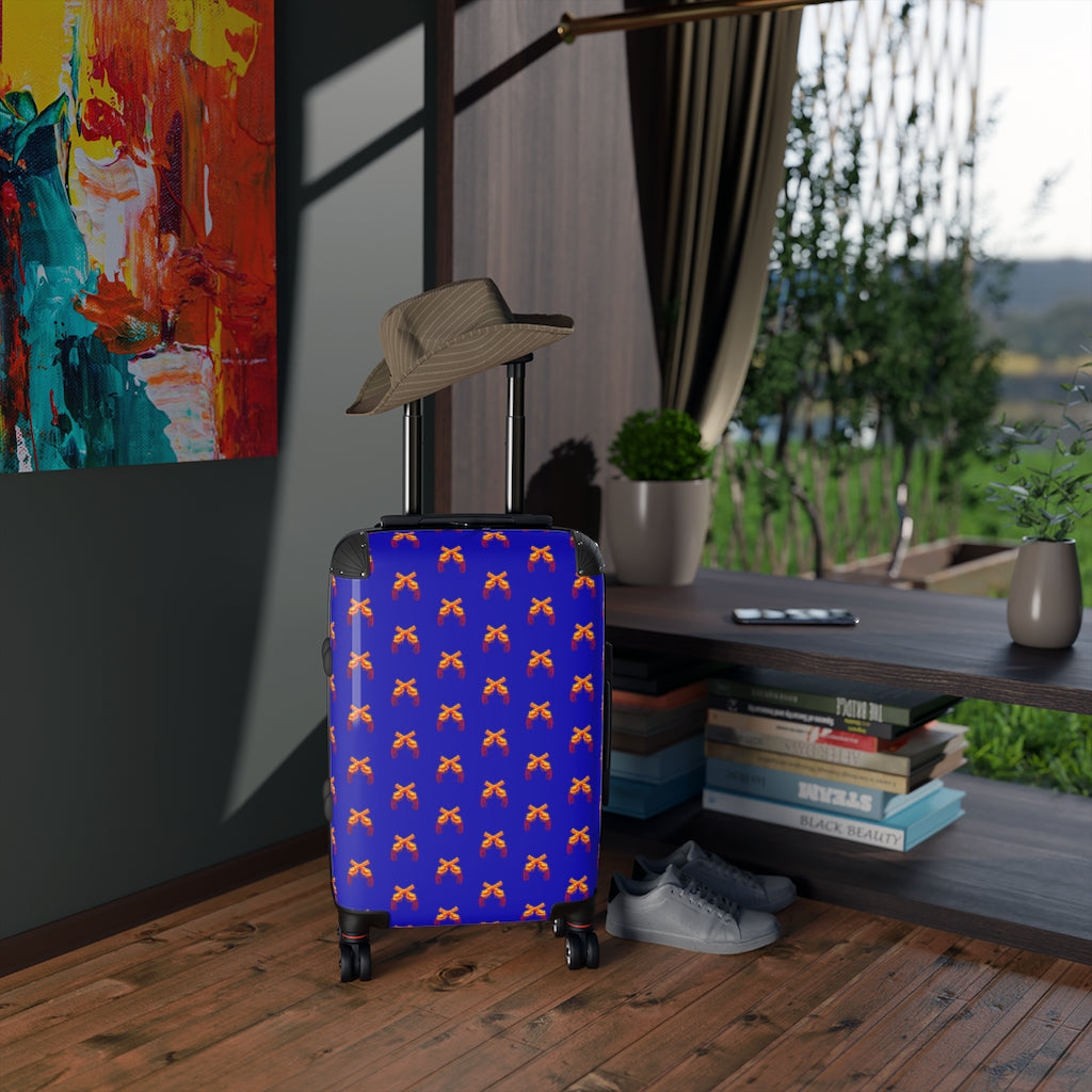 Getrott Magnum Guns Crossed Emblem Orange Pattern Blue Cabin Suitcase Extended Storage Adjustable Telescopic Handle Double wheeled Polycarbonate Hard-shell Built-in Lock-Bags-Geotrott