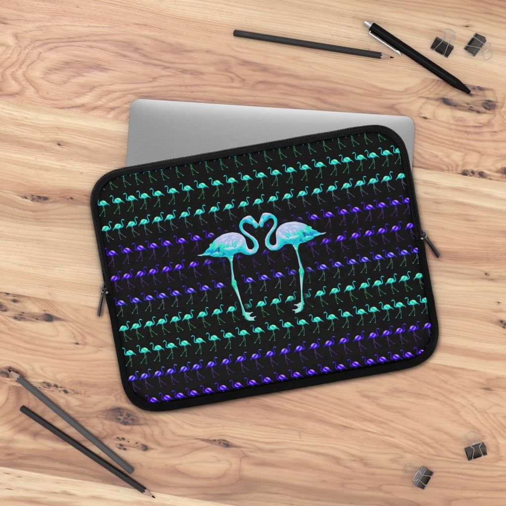 Getrott Green Purple Flamingos Kissing Pattern Black Laptop Sleeve-Laptop Sleeve-Geotrott