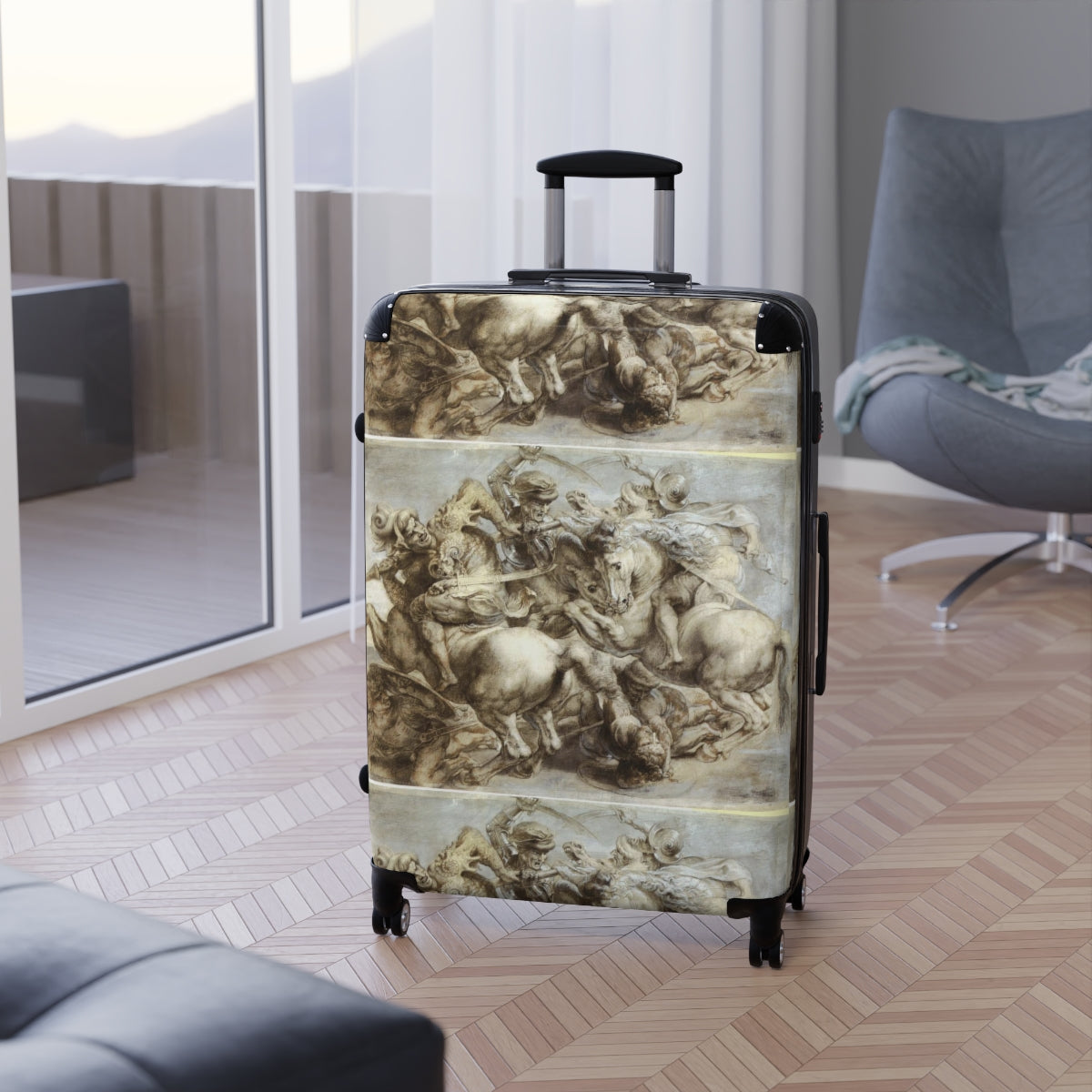 Getrott The Battle of Anghiari (Leonardo) by Leonardo Da Vinci Black Cabin Suitcase Extended Storage Adjustable Telescopic Handle Double wheeled Polycarbonate Hard-shell Built-in Lock-Bags-Geotrott