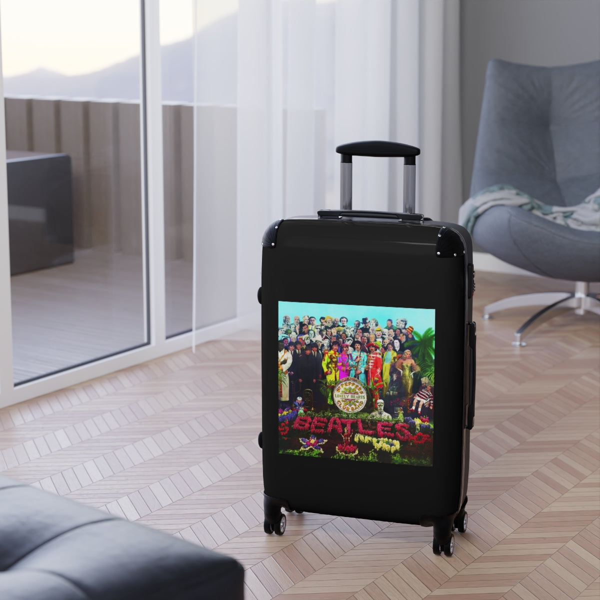 Getrott The Beatles Sgt Peppers Lonely Hearts Club Band 1967 Black Cabin Suitcase Extended Storage Adjustable Telescopic Handle Double wheeled Polycarbonate Hard-shell Built-in Lock-Bags-Geotrott
