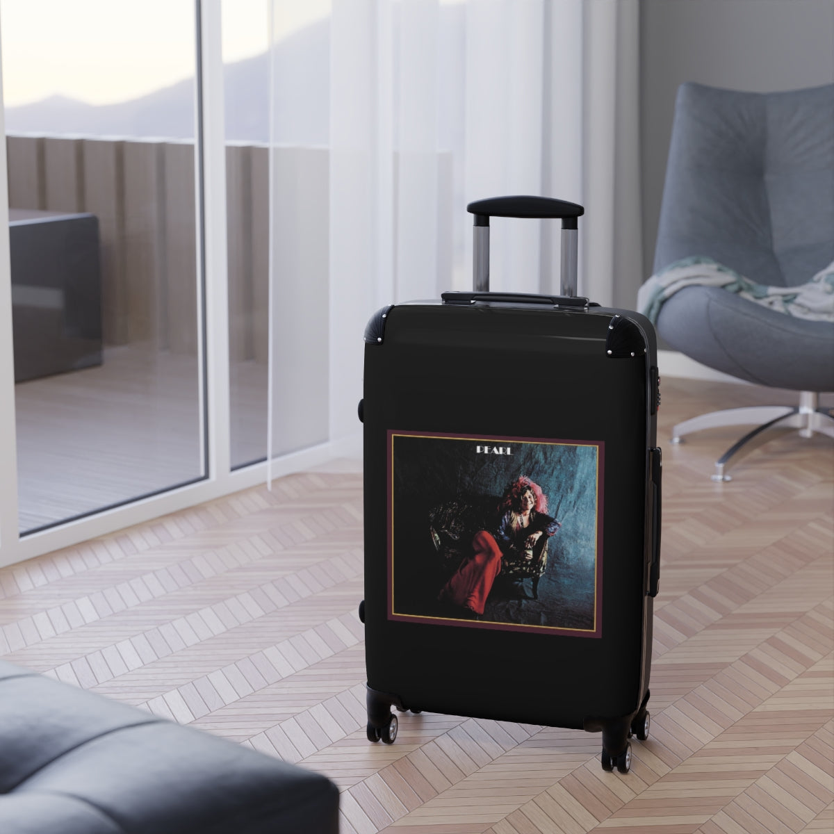 Geotrott Janis Joplin Pearl 1971 Black Cabin Suitcase Extended Storage Adjustable Telescopic Handle Double Wheeled Polycarbonate Hard Shell Built In Lock