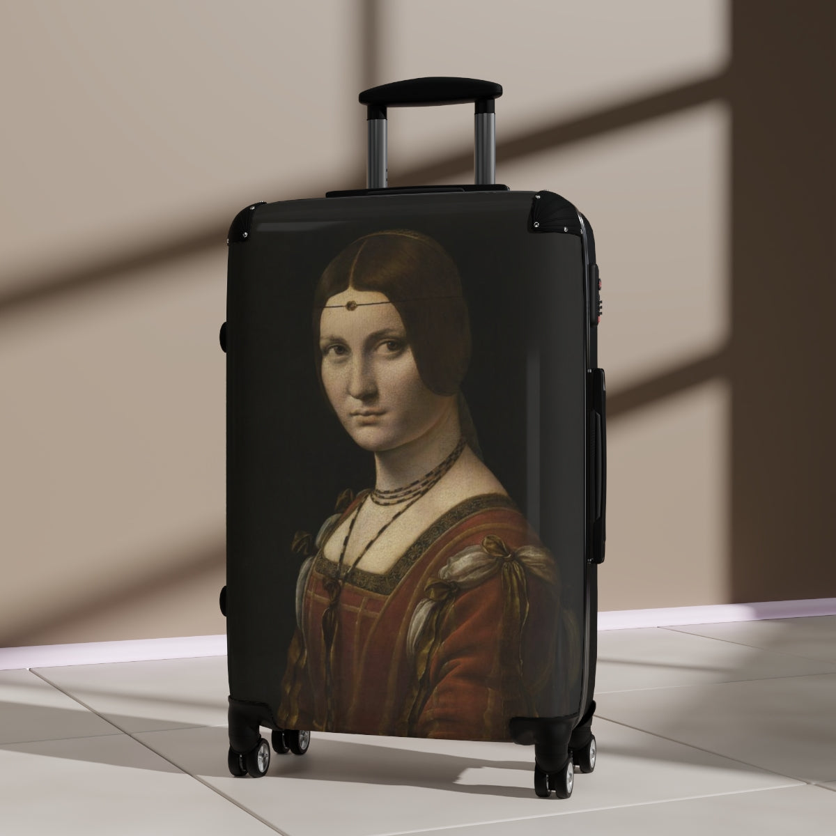 Geotrott La Belle Ferronnière By Leonardo Da Vinci Black Cabin Suitcase Extended Storage Adjustable Telescopic Handle Double Wheeled Polycarbonate Hard-Shell Built-In Lock