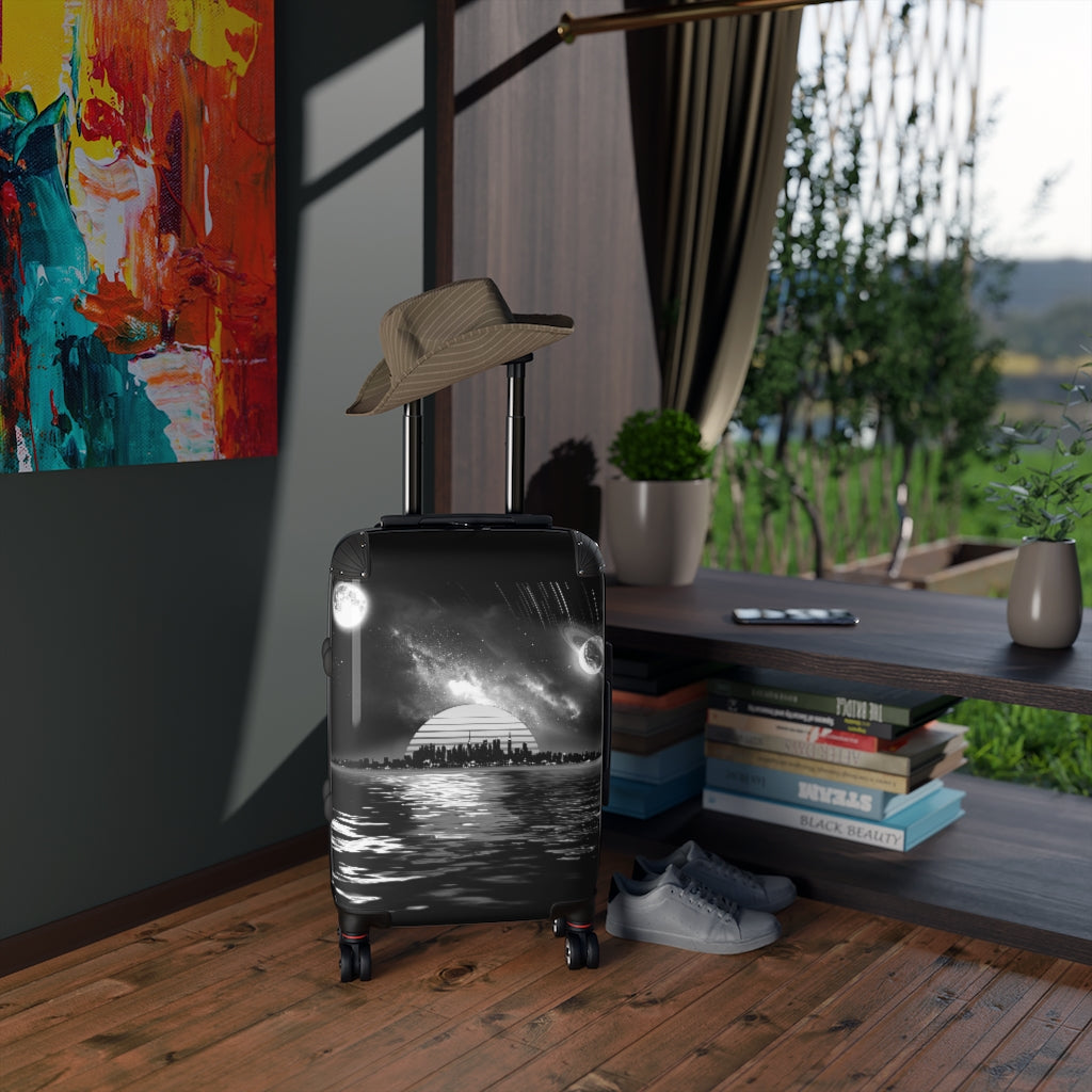 Getrott Space City Sunset Black White Cabin Luggage Inner Pockets Extended Storage Adjustable Telescopic Handle Inner Pockets Double wheeled Polycarbonate Hard-shell Built-in Lock