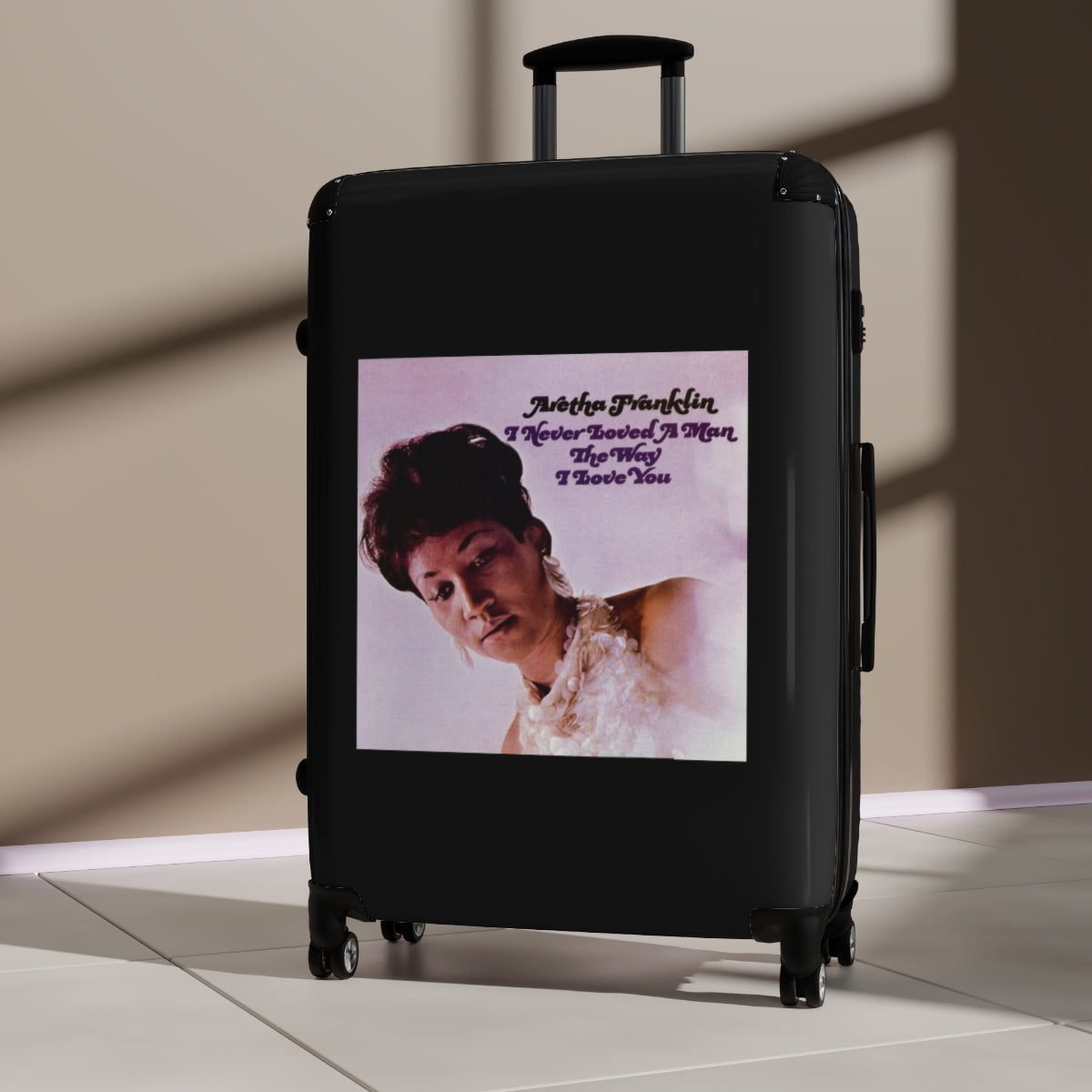 Geotrott Aretha Franklyn I Never Loved A Man The Way That I Love You Black Cabin Suitcase Extended Storage Adjustable Telescopic Handle Double Wheeled Polycarbonate Hard Shell Built In Lock