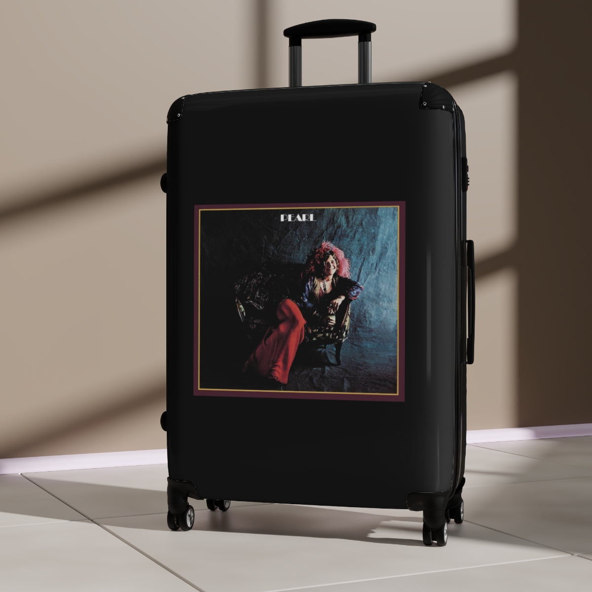 Geotrott Janis Joplin Pearl 1971 Black Cabin Suitcase Extended Storage Adjustable Telescopic Handle Double Wheeled Polycarbonate Hard Shell Built In Lock