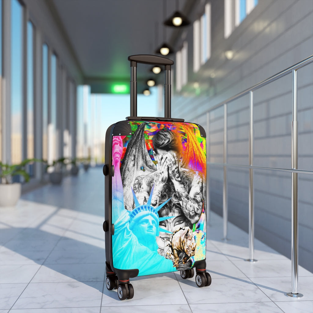 Geotrott Graffiti Art Bieber Pop Star Statue Of Liberty Cabin Suitcase Extended Storage Adjustable Telescopic Handle Double Wheeled Polycarbonate Hard-Shell Built-In Lock