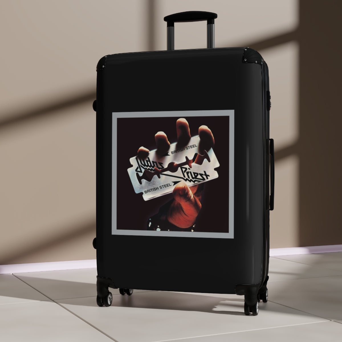 Geotrott Judas Priest British Steel 1980 Black Cabin Suitcase Extended Storage Adjustable Telescopic Handle Double Wheeled Polycarbonate Hard Shell Built In Lock