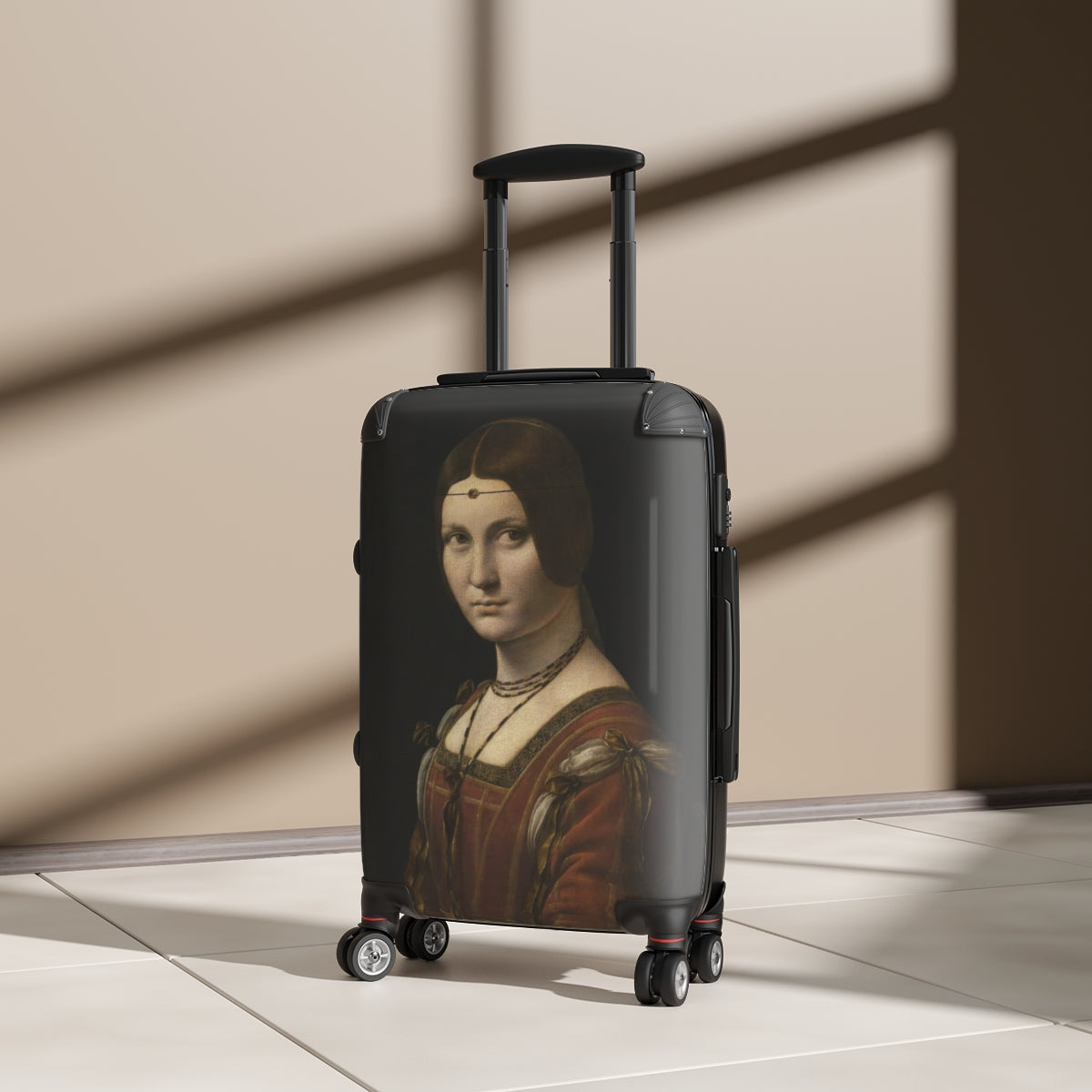 Geotrott La Belle Ferronnière By Leonardo Da Vinci Black Cabin Suitcase Extended Storage Adjustable Telescopic Handle Double Wheeled Polycarbonate Hard-Shell Built-In Lock
