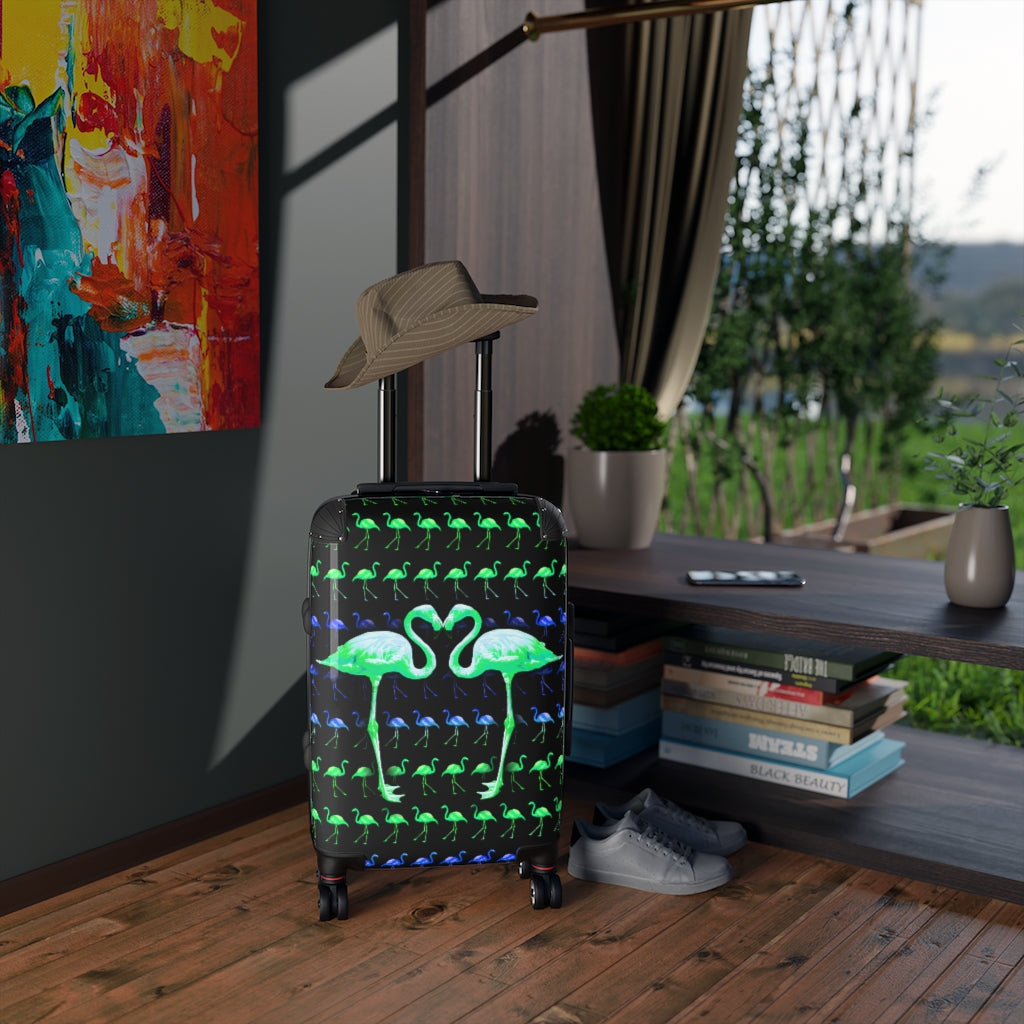 Geotrott Green Flamingo Kissing Cabin Luggage Extended Storage Adjustable Telescopic Handle Double Wheeled Polycarbonate Hard-Shell Built-In Lock