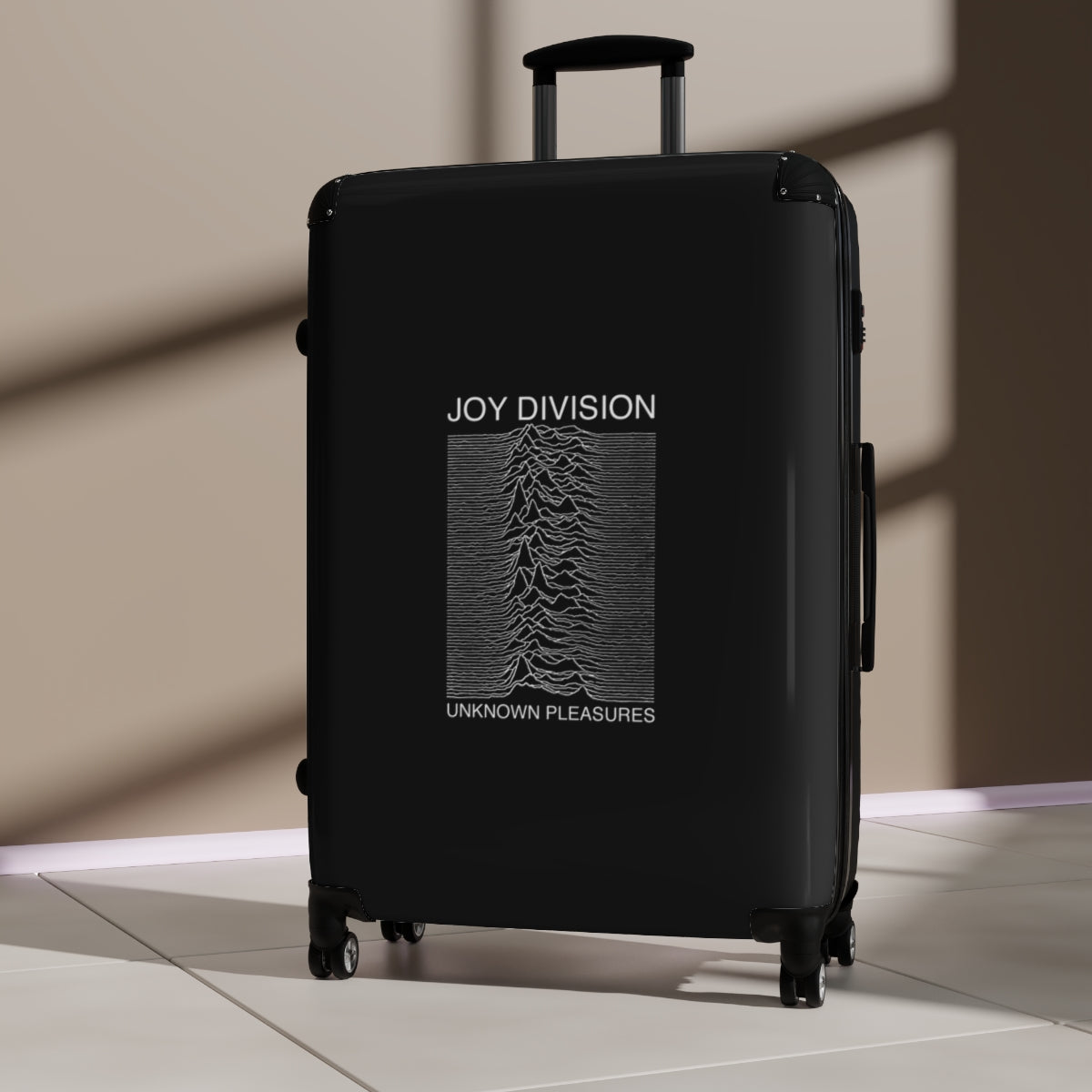 Geotrott Joy Division Unknown Pleasures 1979 Black Cabin Suitcase Extended Storage Adjustable Telescopic Handle Double Wheeled Polycarbonate Hard Shell Built In Lock
