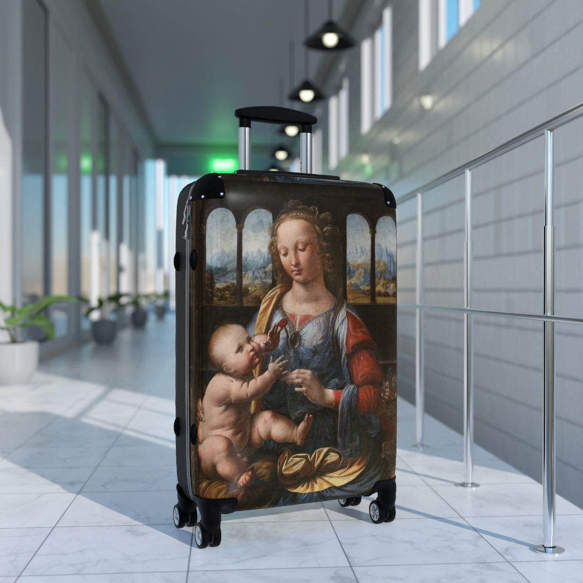 Geotrott Madonna Of The Carnation By Leonardo Da Vinci Black Cabin Suitcase Extended Storage Adjustable Telescopic Handle Double Wheeled Polycarbonate Hard-Shell Built-In Lock