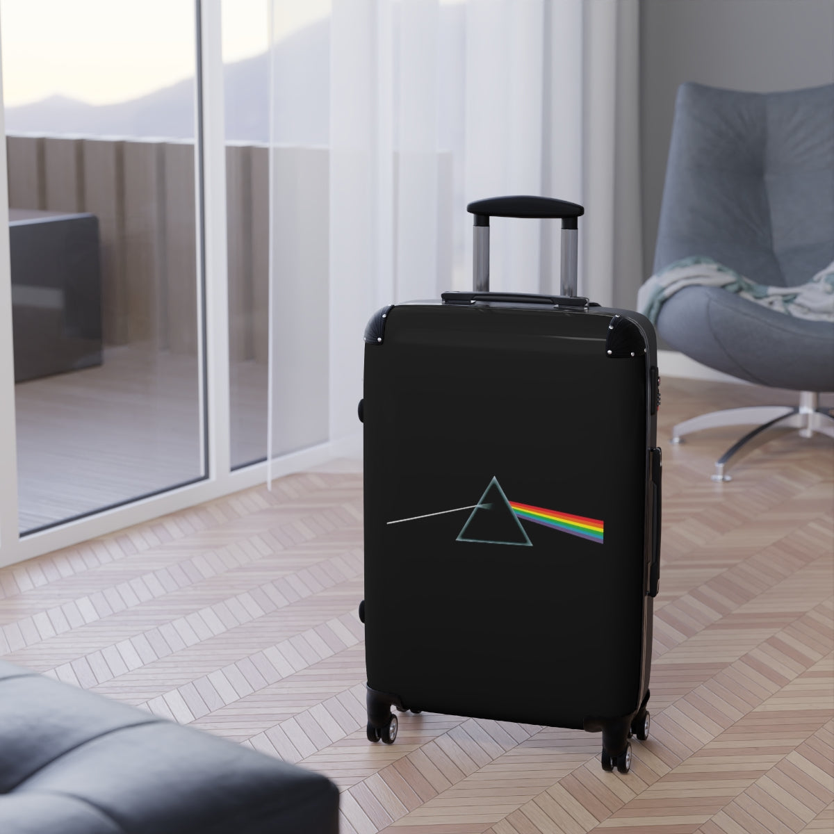 Geotrott Pink Floyd Album Cover Black Cabin Suitcase Extended Storage Adjustable Telescopic Handle Double Wheeled Polycarbonate Hard Shell Built In Lock