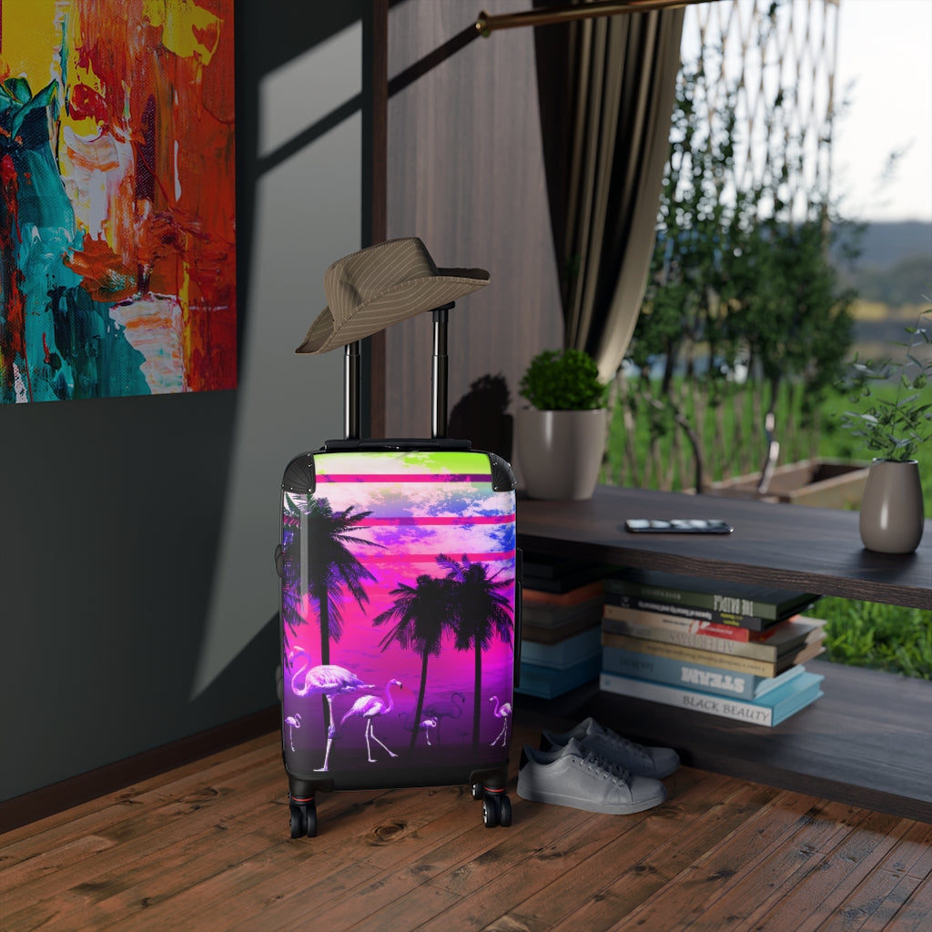 Geotrott Pink Beach Flamingos Sunset Art Cabin Suitcase Extended Storage Adjustable Telescopic Handle Double Wheeled Polycarbonate Hard-Shell Built-In Lock