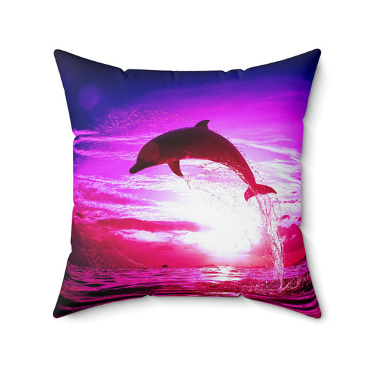 Dolphin Dream Flying Jumping Water Splater Pink Purple White Spun Polyester Square Pillow