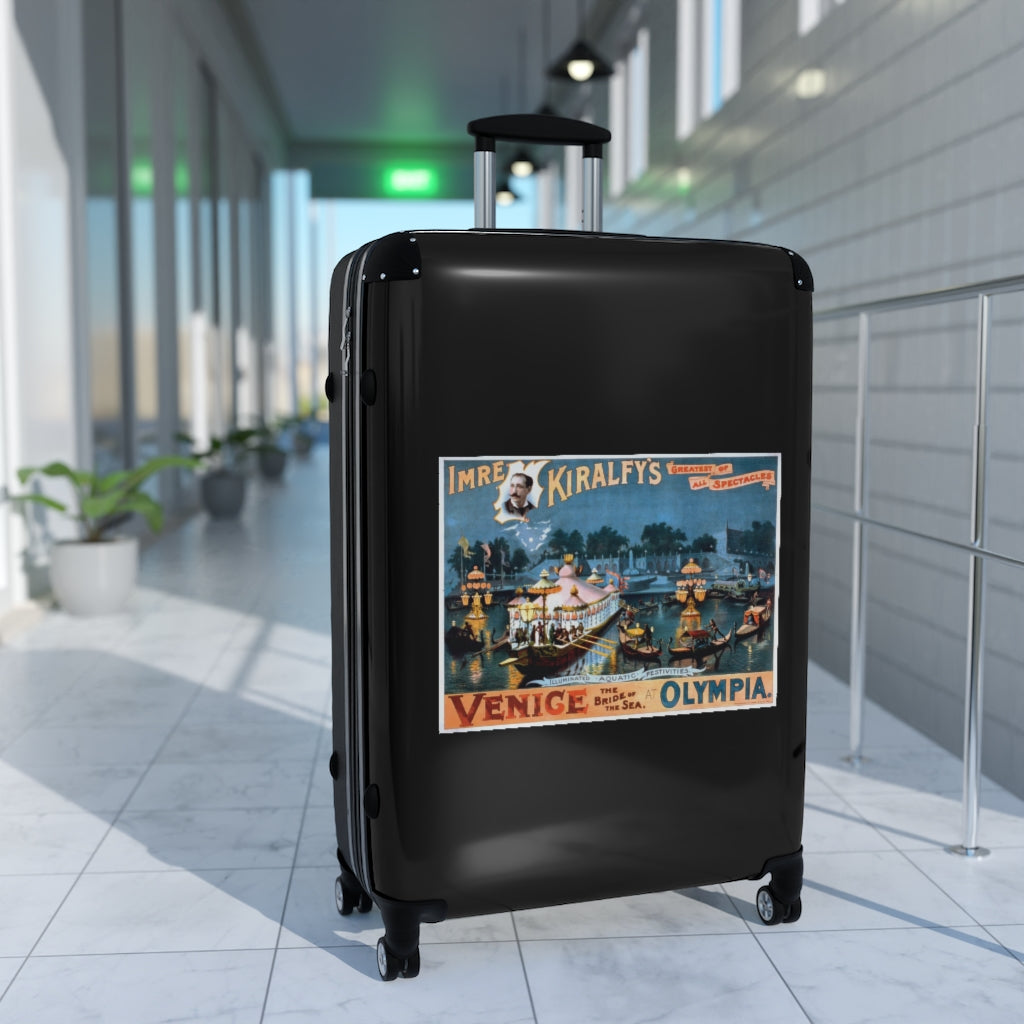 Getrott The Deliverance of Pisanl Imre Kiralfys Grand Historic Spectacle Venice The Bridge of the Sea at Olympia 2 World Classic Poster Black Cabin Suitcase Carry-On Travel Check Luggage 4-Wheel Spinner Suitcase Bag Multiple Colors and Sizes-Bags-Geotrott