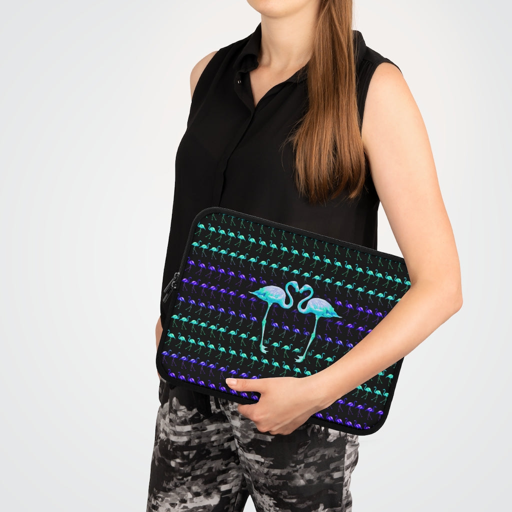 Getrott Green Purple Flamingos Kissing Pattern Black Laptop Sleeve-Laptop Sleeve-Geotrott