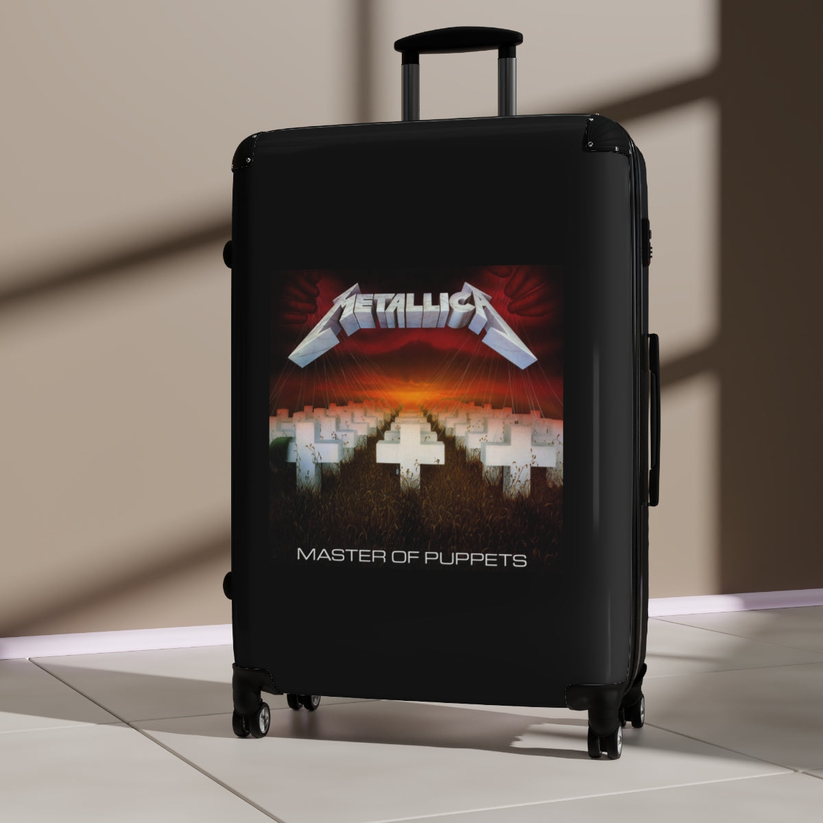 Geotrott Metallica Master Of Puppets 1986 Black Cabin Suitcase Extended Storage Adjustable Telescopic Handle Double Wheeled Polycarbonate Hard Shell Built In Lock