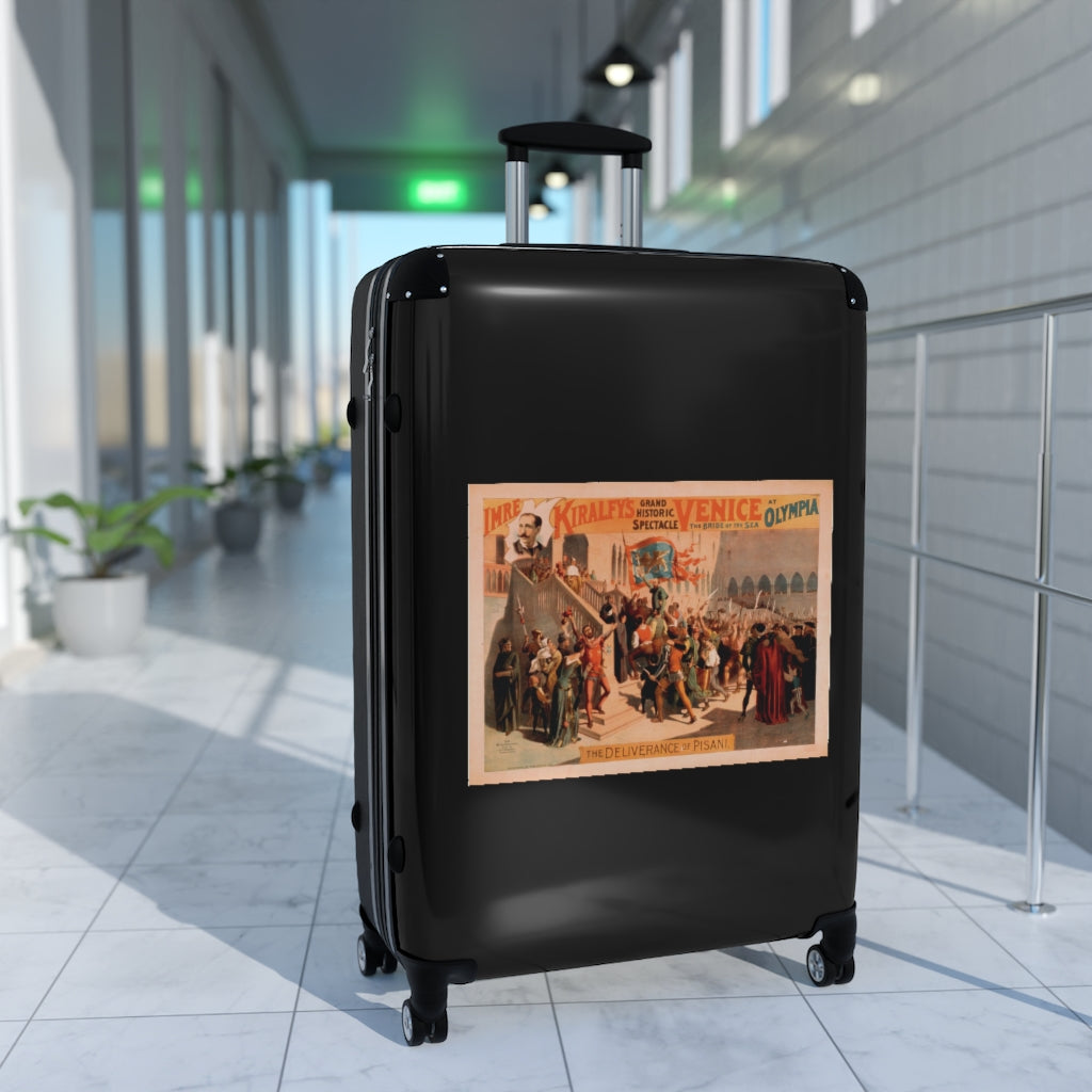 Getrott The Deliverance of Pisanl Imre Kiralfys Grand Historic Spectacle Venice The Bridge of the Sea at Olympia 1 World Classic Poster Black Cabin Suitcase Carry-On Travel Check Luggage 4-Wheel Spinner Suitcase Bag Multiple Colors and Sizes-Bags-Geotrott