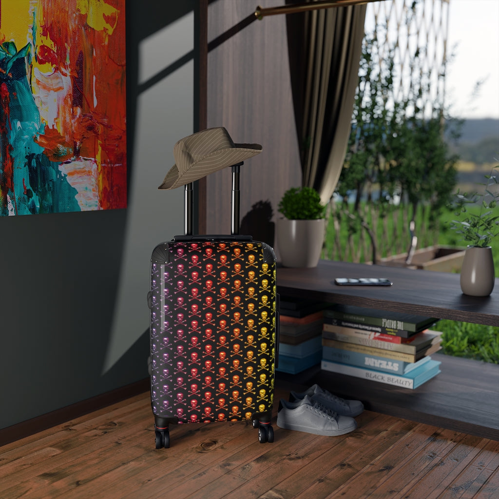 Geotrott Rainbow Colors Skull & Bones Pattern Black Cabbin Luggage Carry-On Travel Check Luggage 4-Wheel Spinner Suitcase Bag Multiple Colors And Sizes