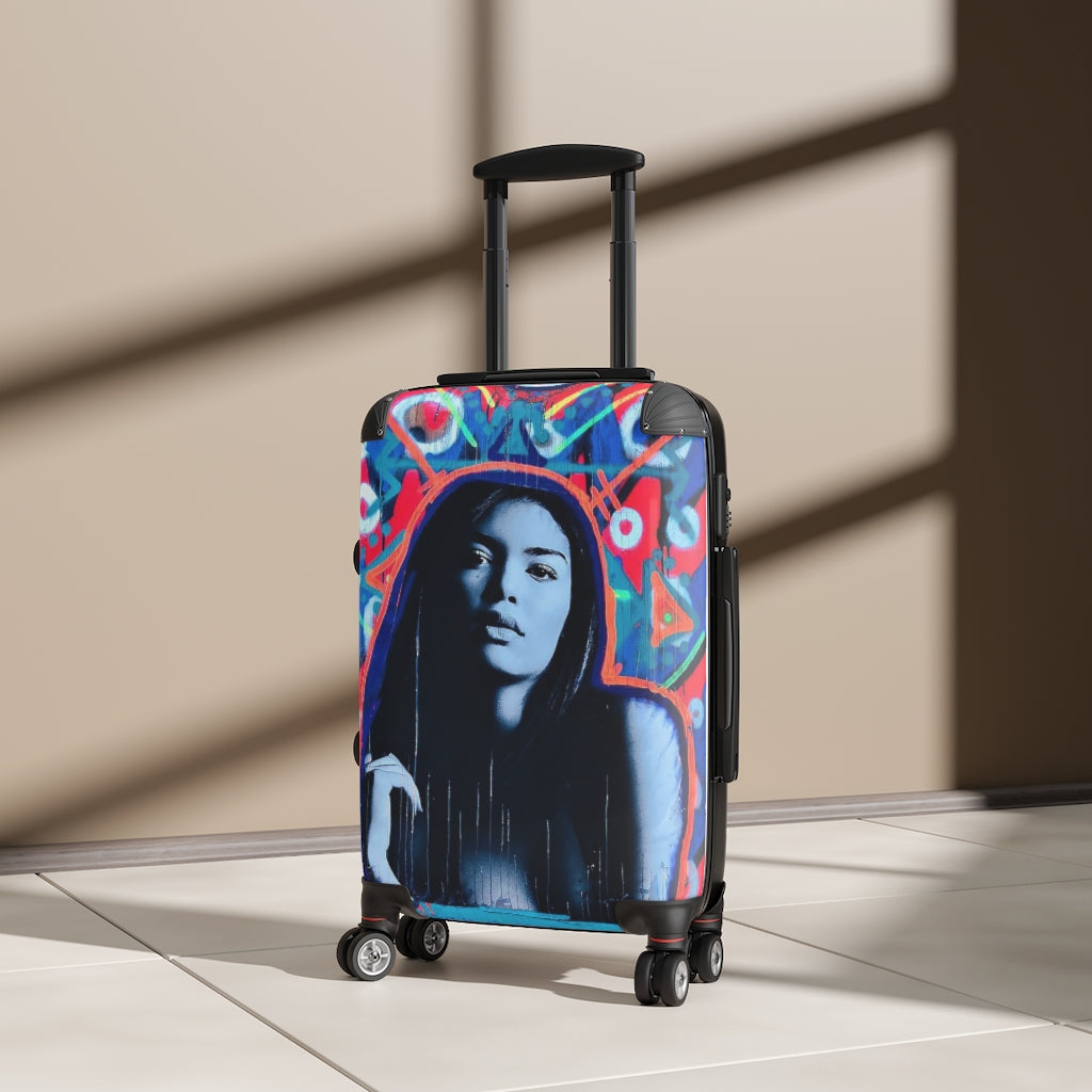 Geotrott Graffiti Blue Face Girl Cabin Suitcase Extended Storage Adjustable Telescopic Handle Double Wheeled Polycarbonate Hard-Shell Built-In Lock