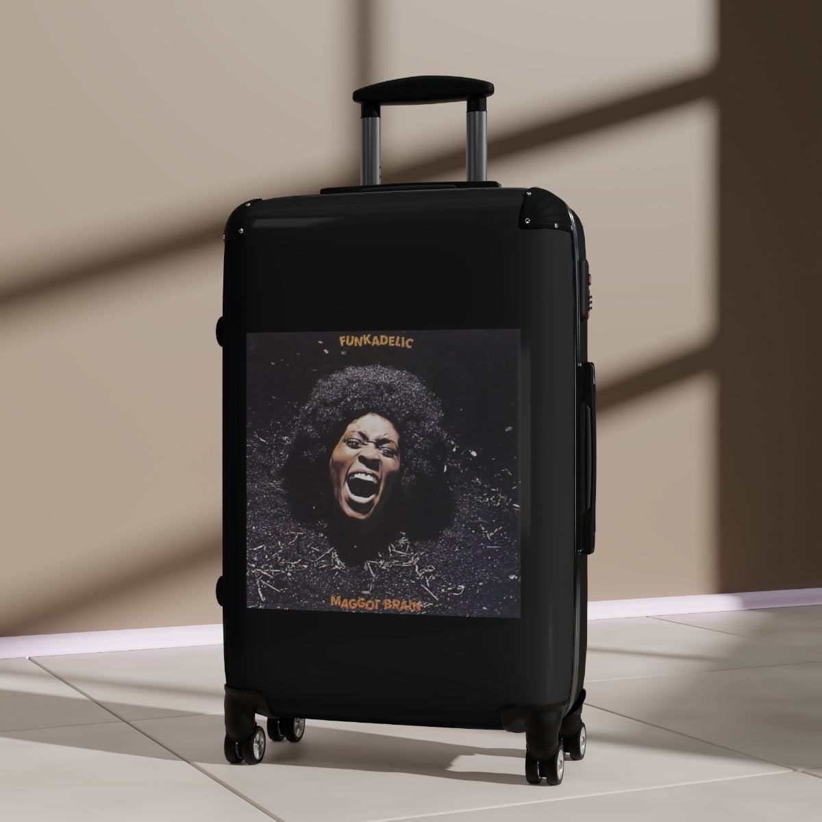 Geotrott Funkadelic Maggot Brain Black Cabin Suitcase Extended Storage Adjustable Telescopic Handle Double Wheeled Polycarbonate Hard Shell Built In Lock
