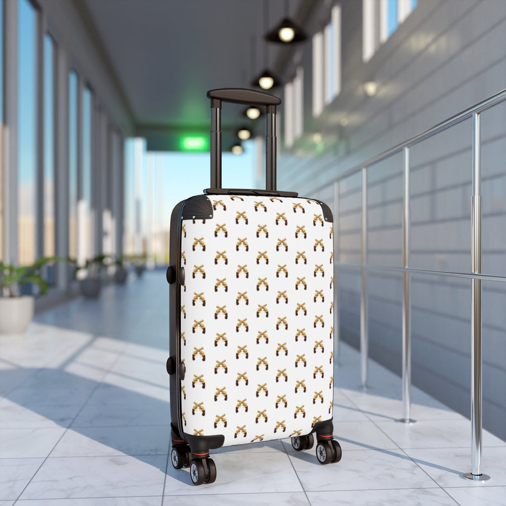 Geotrott Magnum Guns Crossed Emblem Pattern White Cabin Luggage Extended Storage Adjustable Telescopic Handle Double Wheeled Polycarbonate Hard-Shell Built-In Lock