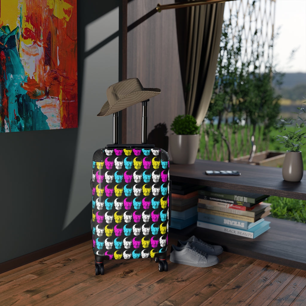 Geotrott Skulls Wall Print Pattern Cabin Suitcase Extended Storage Adjustable Telescopic Handle Double Wheeled Polycarbonate Hard-Shell Built-In Lock