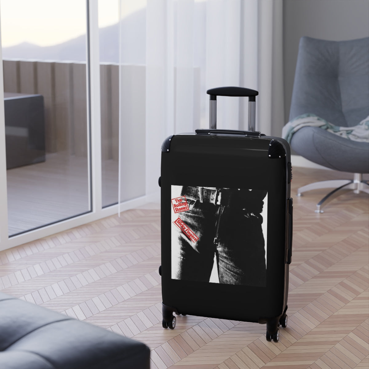 Geotrott The Rolling Stones Sticky Fingers 1971 Black Cabin Suitcase Extended Storage Adjustable Telescopic Handle Double Wheeled Polycarbonate Hard Shell Built In Lock