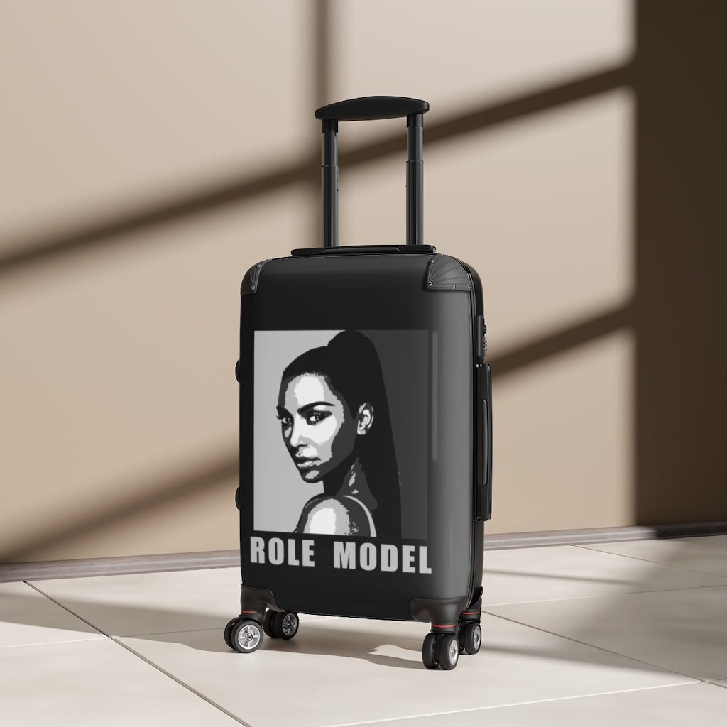 Geotrott Kim Kardashian Illustration “Role Model” Black & White Cabin Suitcase Extended Storage Adjustable Telescopic Handle Double Wheeled Polycarbonate Hard-Shell Built-In Lock