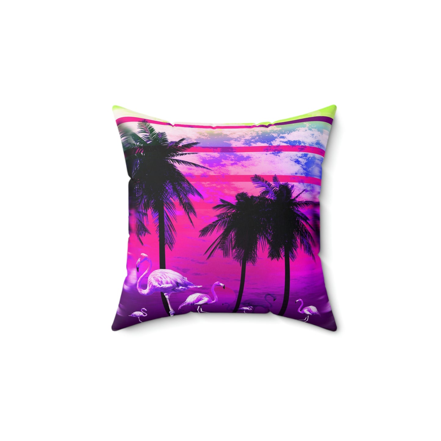 Geotrott Fantastic Pink Sunset with Palms and Flamingos Pink Spun Polyester Square Pillow
