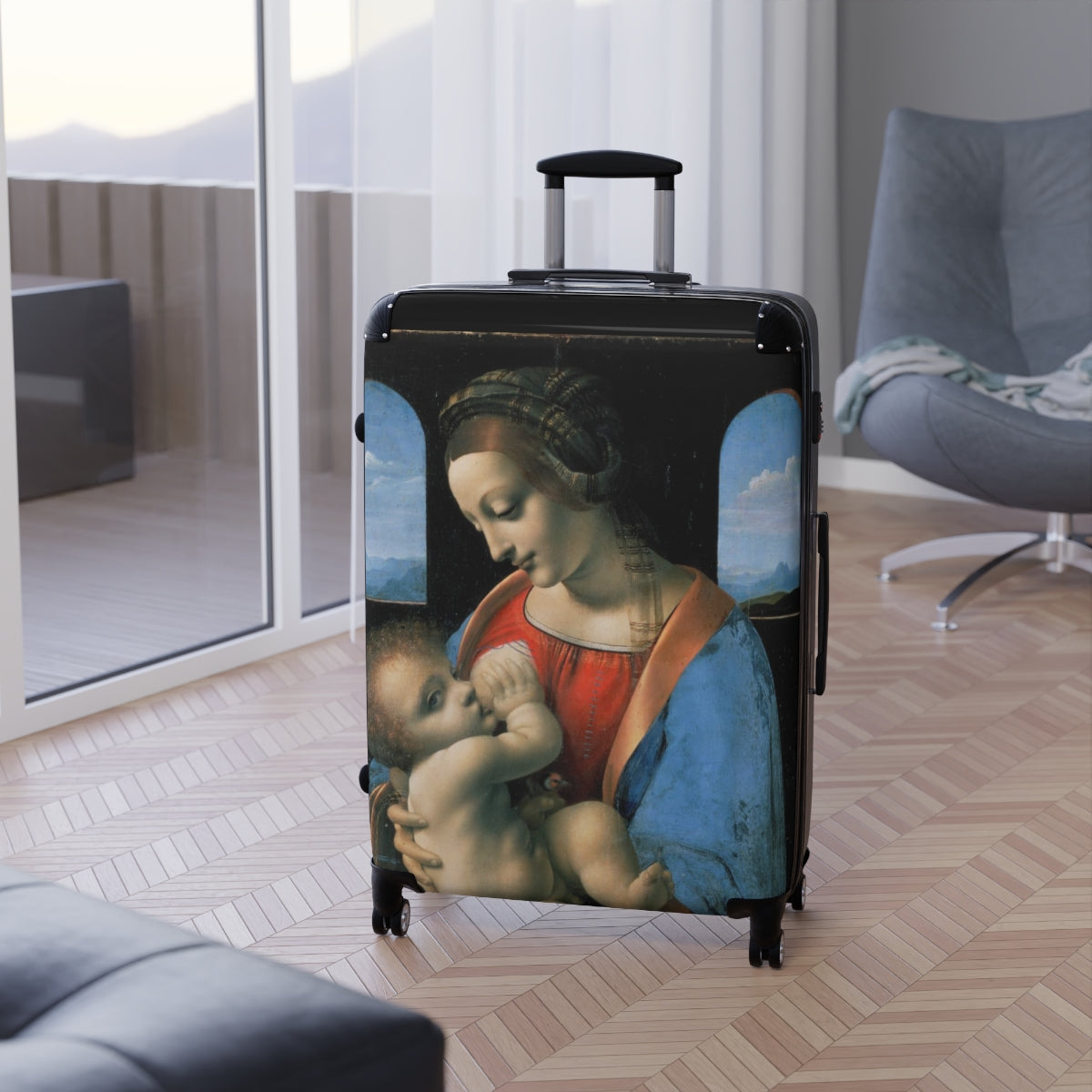 Getrott The Madonna Litta by Leonardo Da Vinci Black Cabin Suitcase Extended Storage Adjustable Telescopic Handle Double wheeled Polycarbonate Hard-shell Built-in Lock-Bags-Geotrott