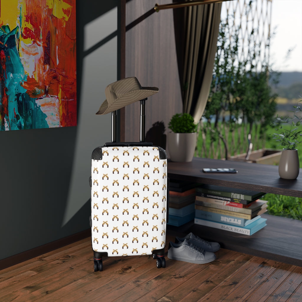 Geotrott Magnum Guns Crossed Emblem Pattern White Cabin Luggage Extended Storage Adjustable Telescopic Handle Double Wheeled Polycarbonate Hard-Shell Built-In Lock