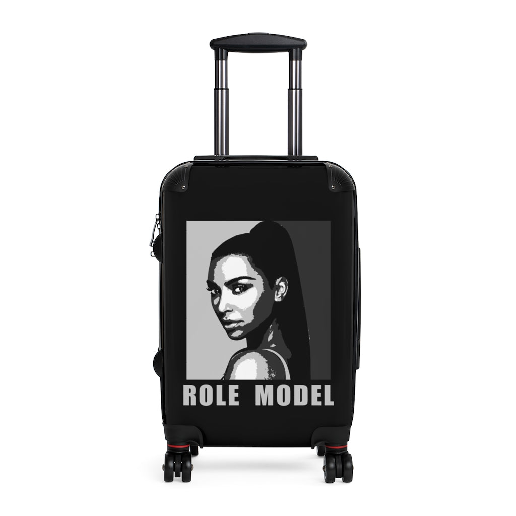 Geotrott Kim Kardashian Illustration “Role Model” Black & White Cabin Suitcase Extended Storage Adjustable Telescopic Handle Double Wheeled Polycarbonate Hard-Shell Built-In Lock