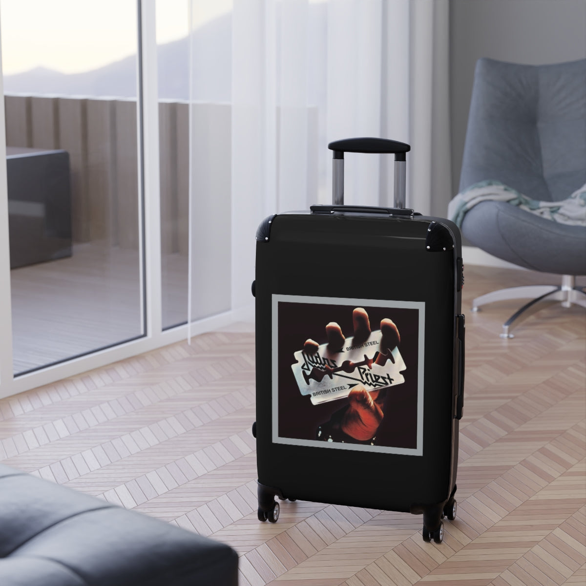 Geotrott Judas Priest British Steel 1980 Black Cabin Suitcase Extended Storage Adjustable Telescopic Handle Double Wheeled Polycarbonate Hard Shell Built In Lock