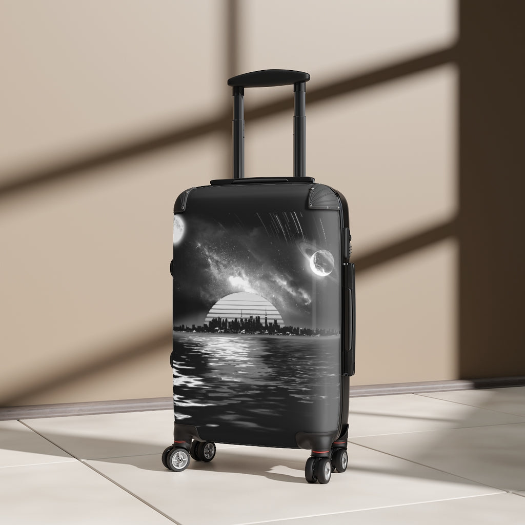 Getrott Space City Sunset Black White Cabin Luggage Inner Pockets Extended Storage Adjustable Telescopic Handle Inner Pockets Double wheeled Polycarbonate Hard-shell Built-in Lock