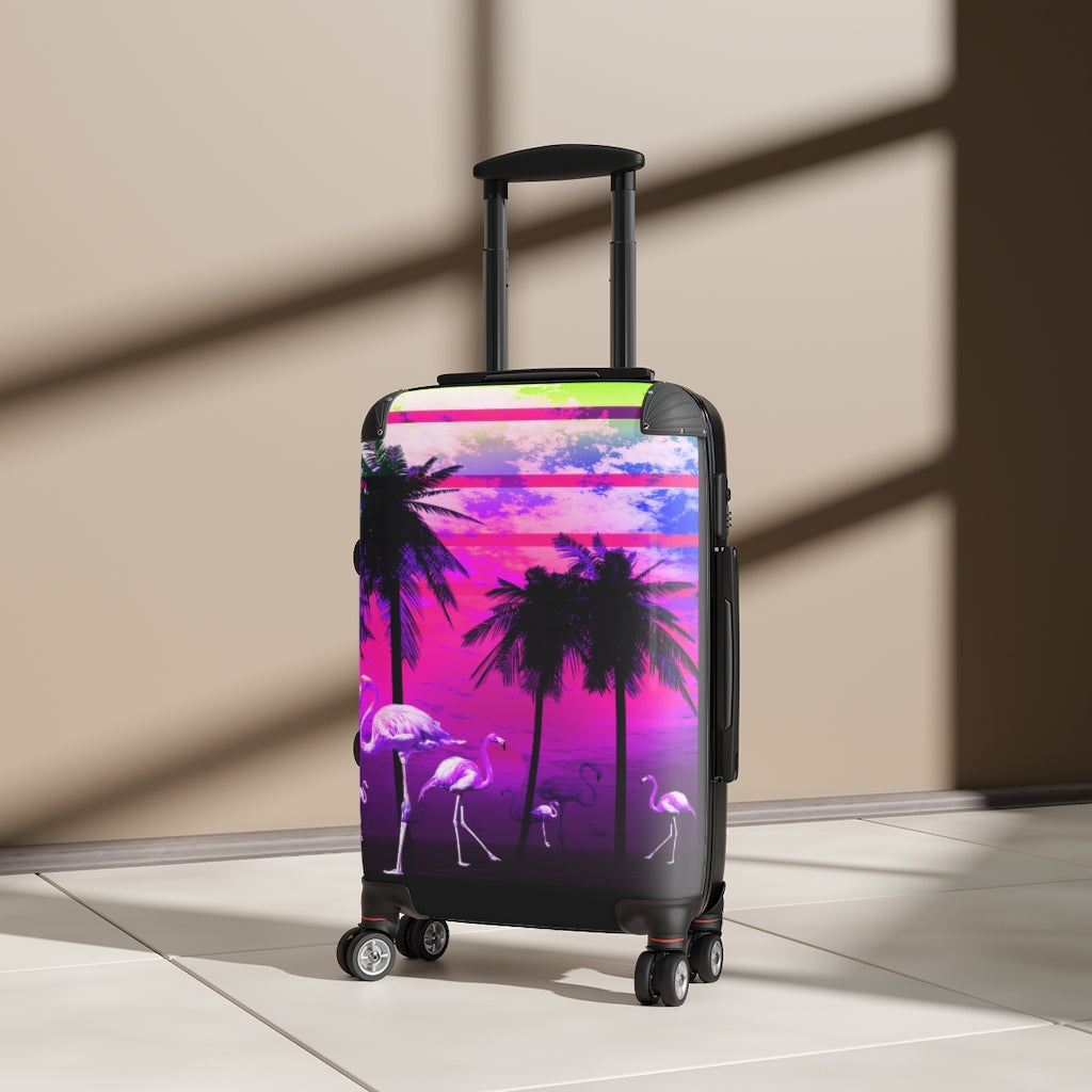 Geotrott Pink Beach Flamingos Sunset Art Cabin Suitcase Extended Storage Adjustable Telescopic Handle Double Wheeled Polycarbonate Hard-Shell Built-In Lock