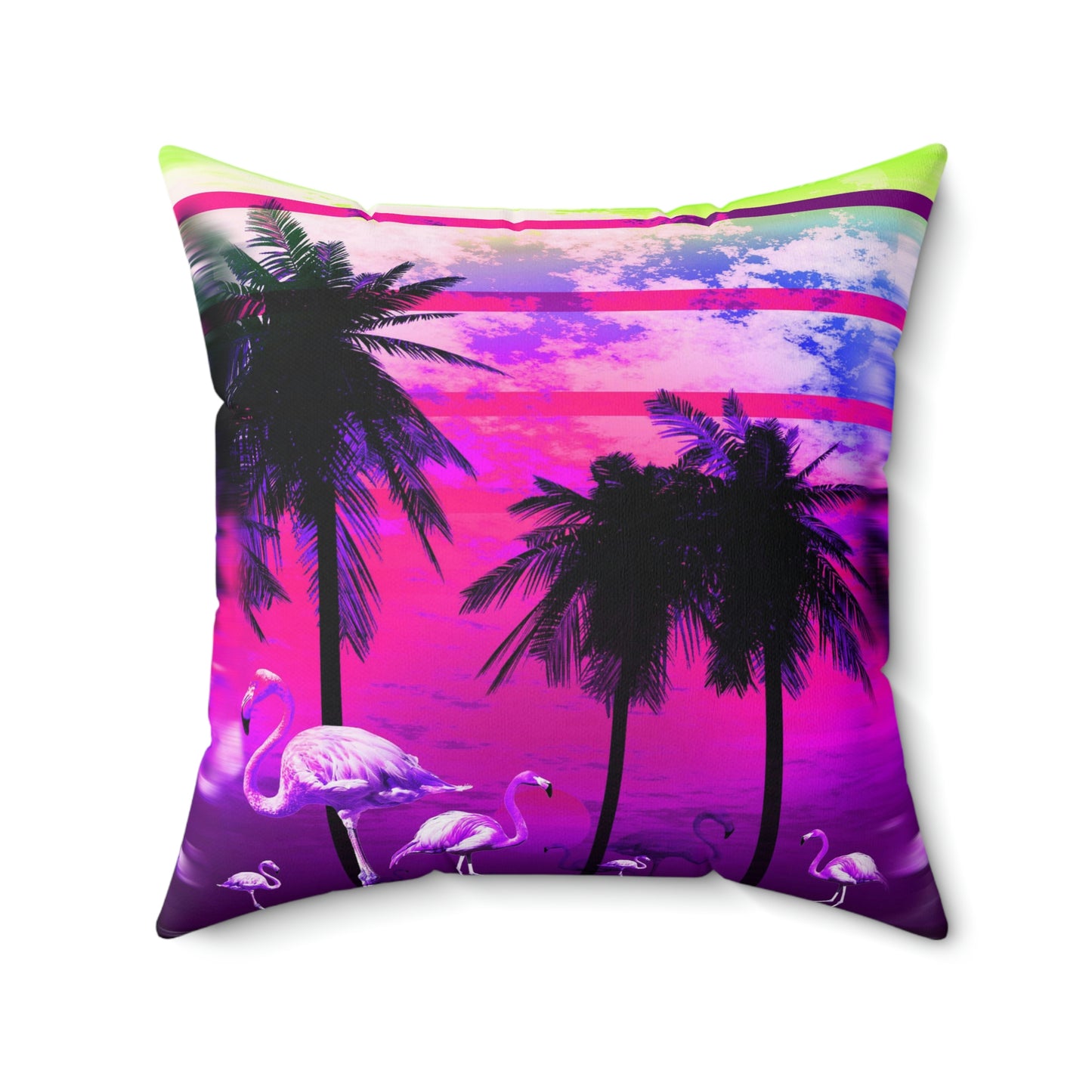 Geotrott Fantastic Pink Sunset with Palms and Flamingos Pink Spun Polyester Square Pillow