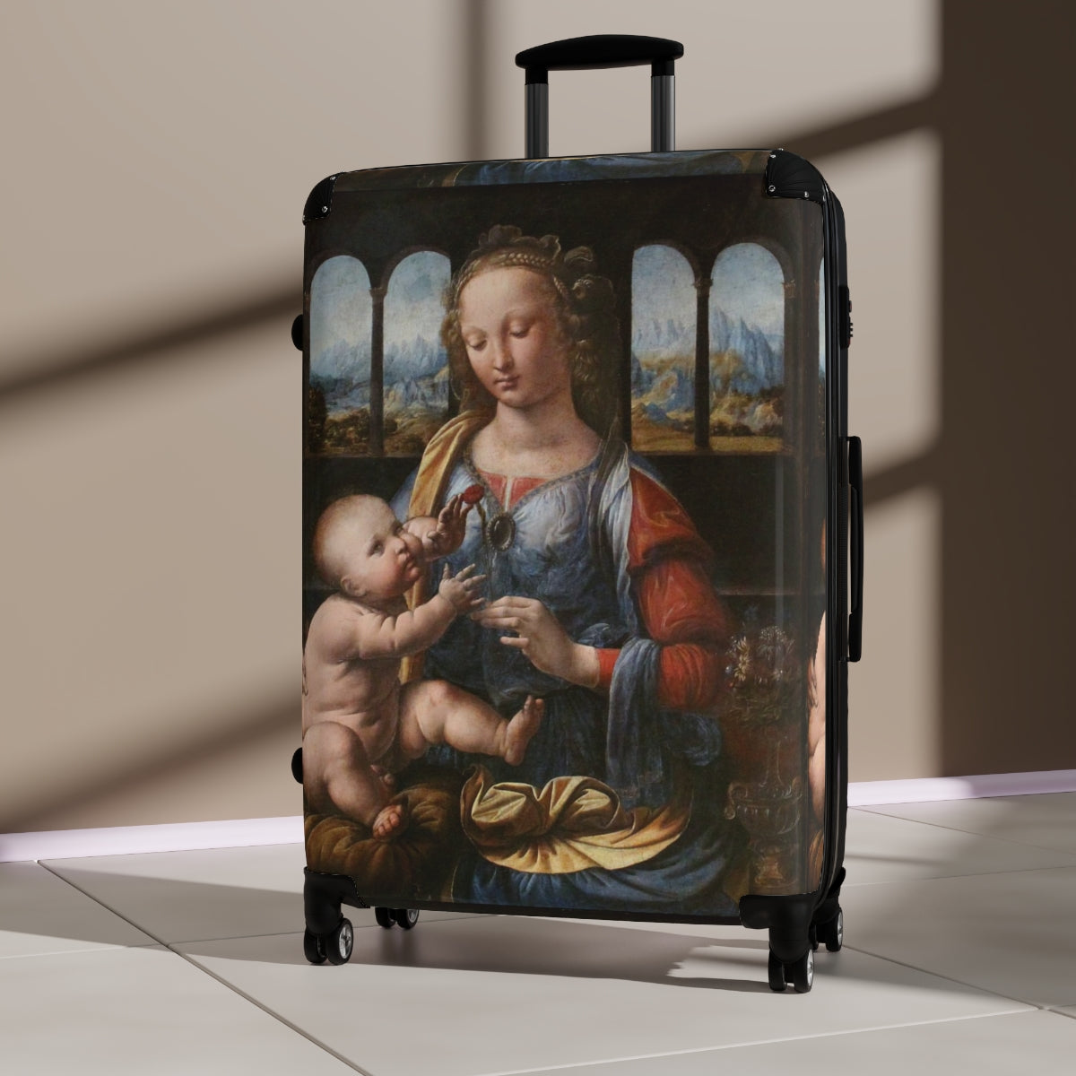Geotrott Madonna Of The Carnation By Leonardo Da Vinci Black Cabin Suitcase Extended Storage Adjustable Telescopic Handle Double Wheeled Polycarbonate Hard-Shell Built-In Lock