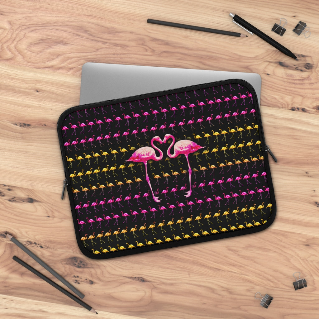 Getrott Pink Flamingo Birds Kissing Black Laptop Sleeve-Laptop Sleeve-Geotrott