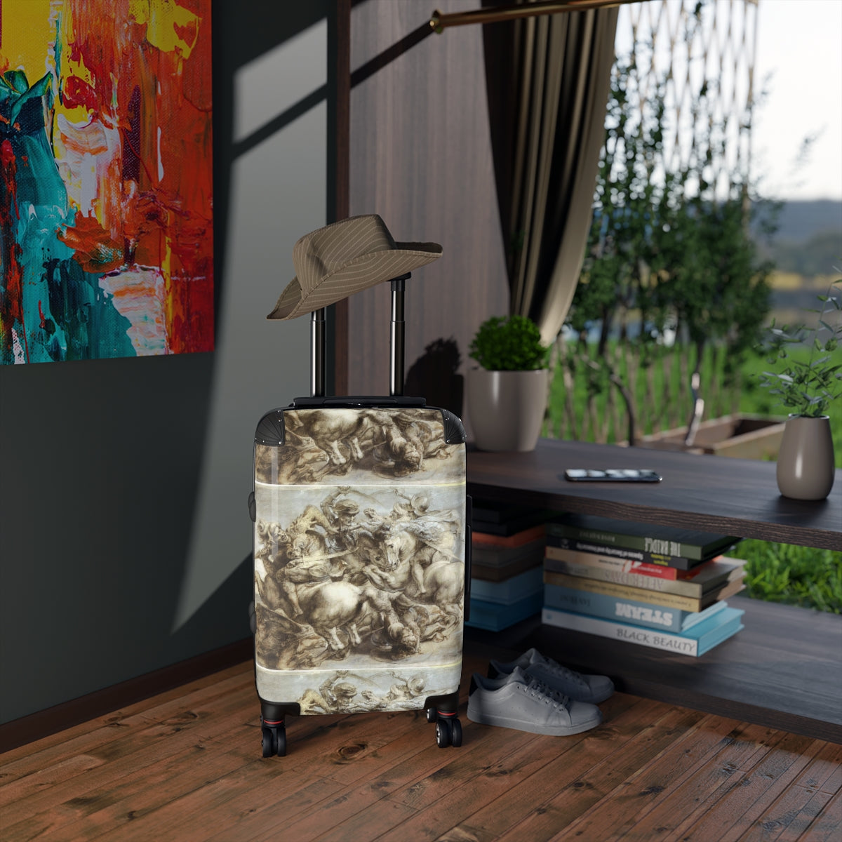 Getrott The Battle of Anghiari (Leonardo) by Leonardo Da Vinci Black Cabin Suitcase Extended Storage Adjustable Telescopic Handle Double wheeled Polycarbonate Hard-shell Built-in Lock-Bags-Geotrott