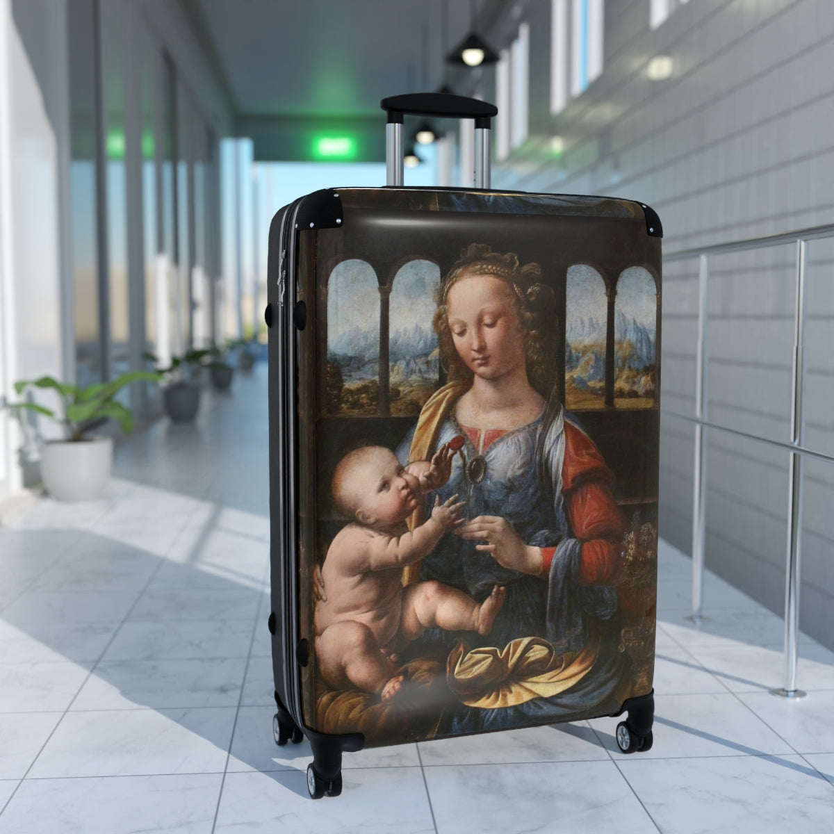 Geotrott Madonna Of The Carnation By Leonardo Da Vinci Black Cabin Suitcase Extended Storage Adjustable Telescopic Handle Double Wheeled Polycarbonate Hard-Shell Built-In Lock
