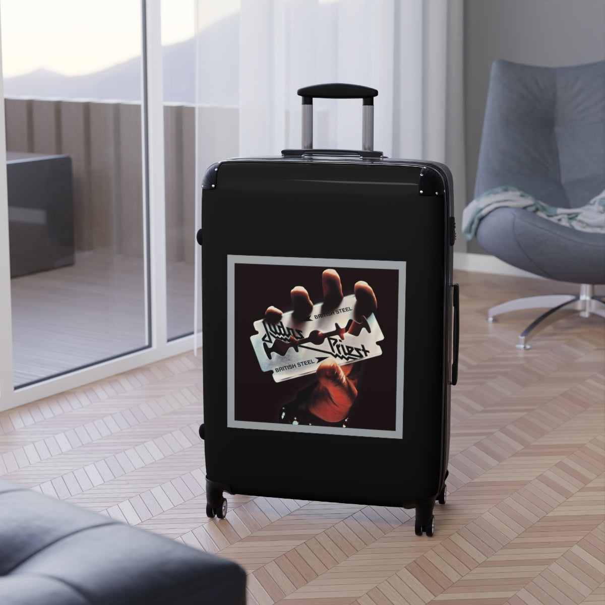 Geotrott Judas Priest British Steel 1980 Black Cabin Suitcase Extended Storage Adjustable Telescopic Handle Double Wheeled Polycarbonate Hard Shell Built In Lock