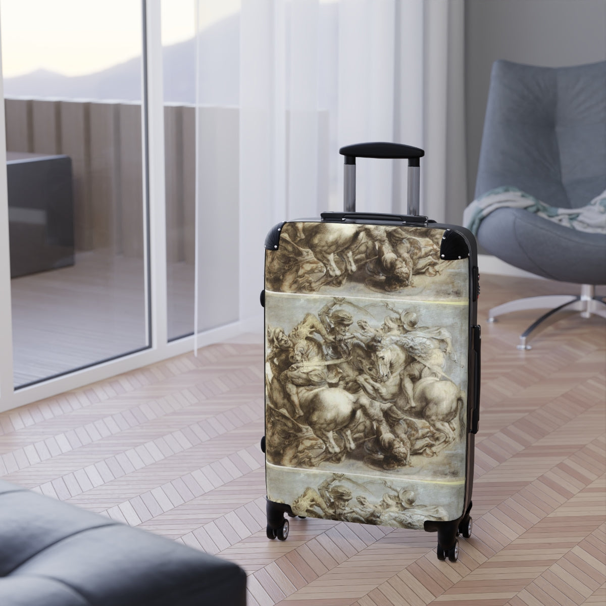 Getrott The Battle of Anghiari (Leonardo) by Leonardo Da Vinci Black Cabin Suitcase Extended Storage Adjustable Telescopic Handle Double wheeled Polycarbonate Hard-shell Built-in Lock-Bags-Geotrott