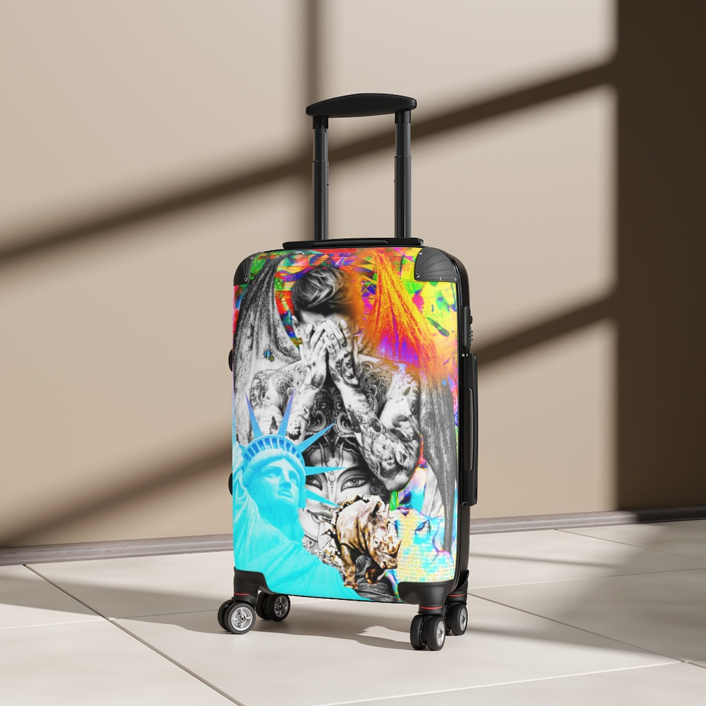 Geotrott Graffiti Art Bieber Pop Star Statue Of Liberty Cabin Suitcase Extended Storage Adjustable Telescopic Handle Double Wheeled Polycarbonate Hard-Shell Built-In Lock