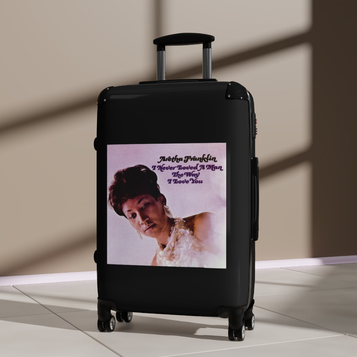 Geotrott Aretha Franklyn I Never Loved A Man The Way That I Love You Black Cabin Suitcase Extended Storage Adjustable Telescopic Handle Double Wheeled Polycarbonate Hard Shell Built In Lock